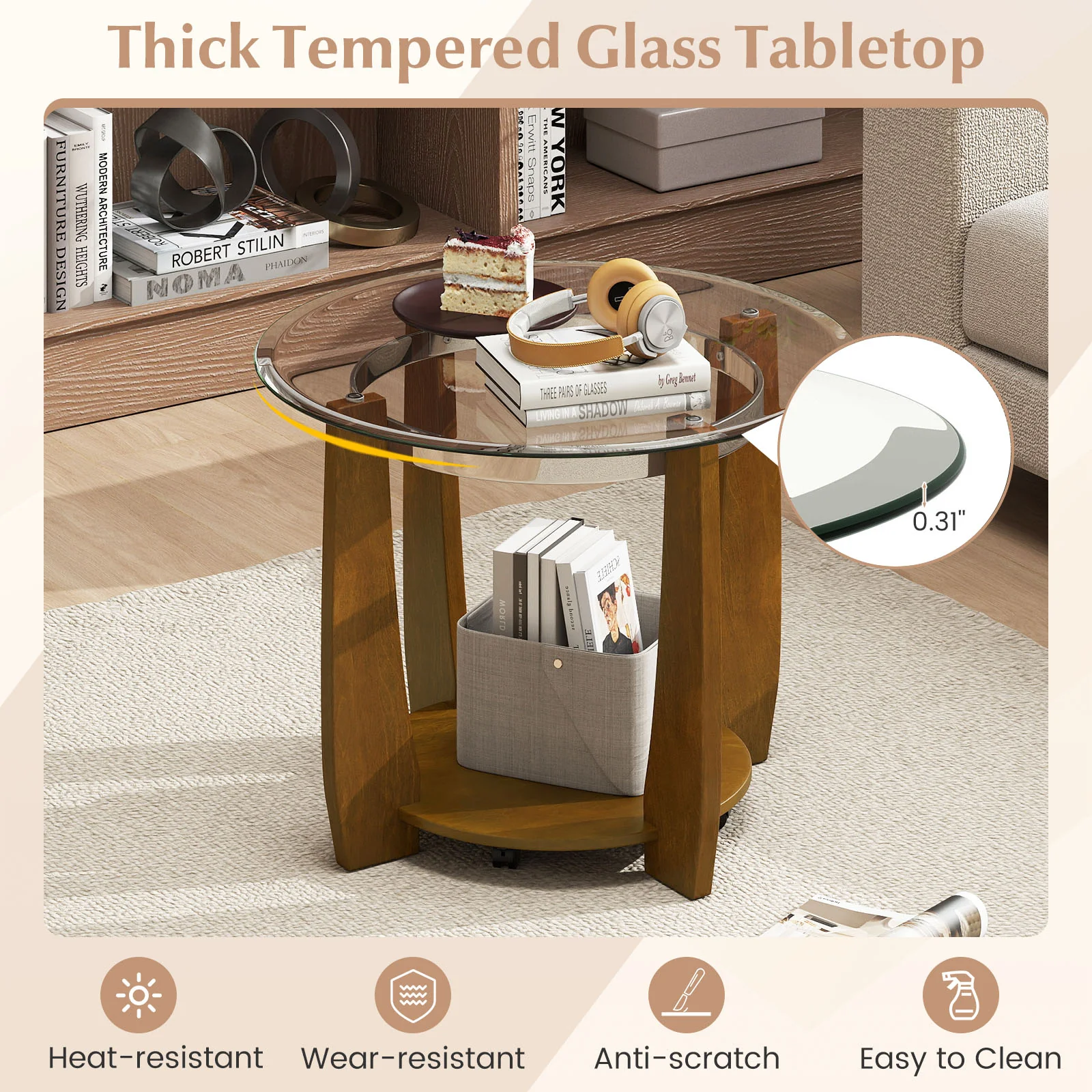 32" 2-Tier Glass Round Coffee Table with Storage Shelf, Walnut - Image 10