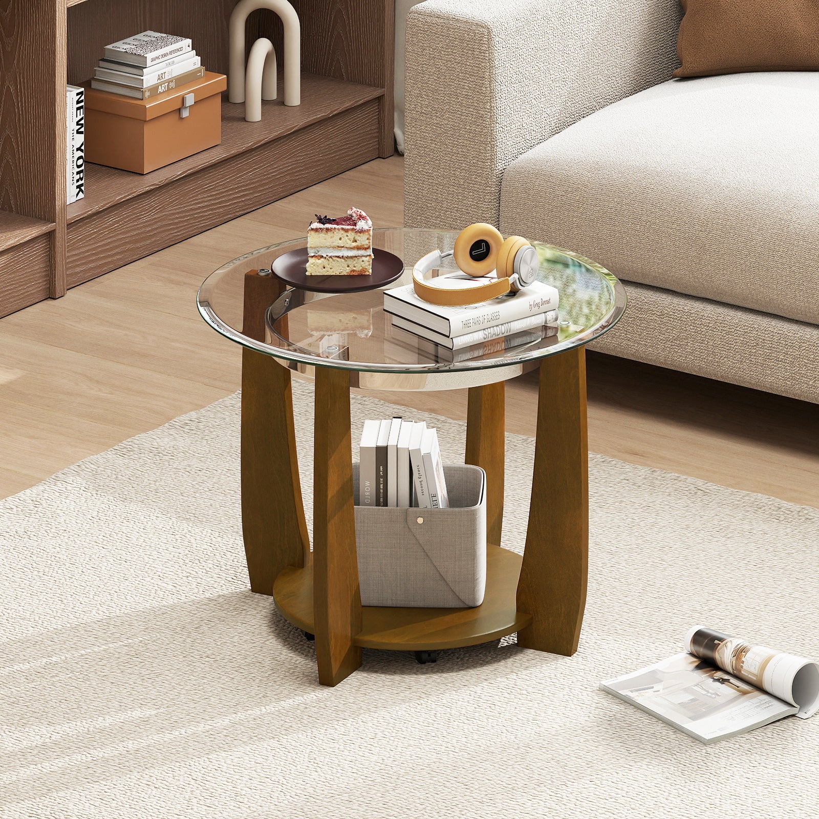 32" 2-Tier Glass Round Coffee Table with Storage Shelf, Walnut - Image 2