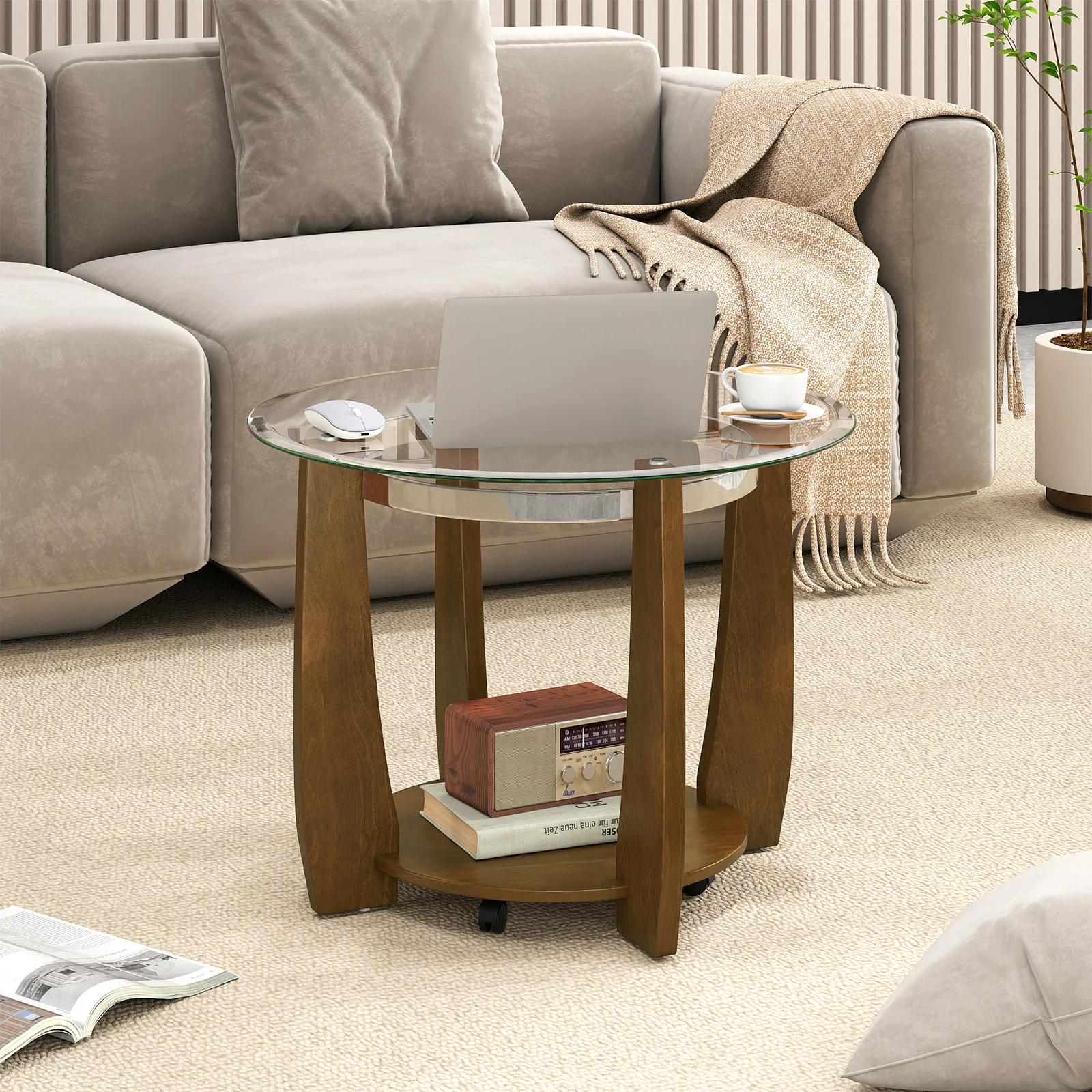 32" 2-Tier Glass Round Coffee Table with Storage Shelf, Walnut - Image 3