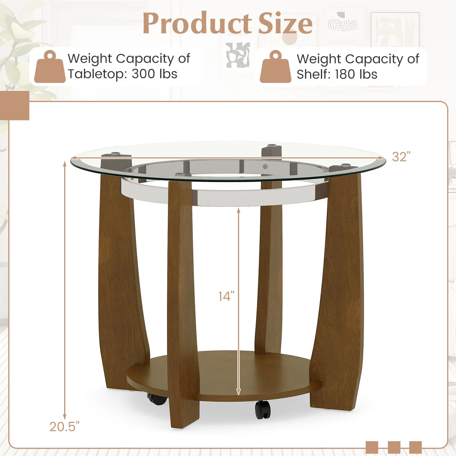 32" 2-Tier Glass Round Coffee Table with Storage Shelf, Walnut - Image 6