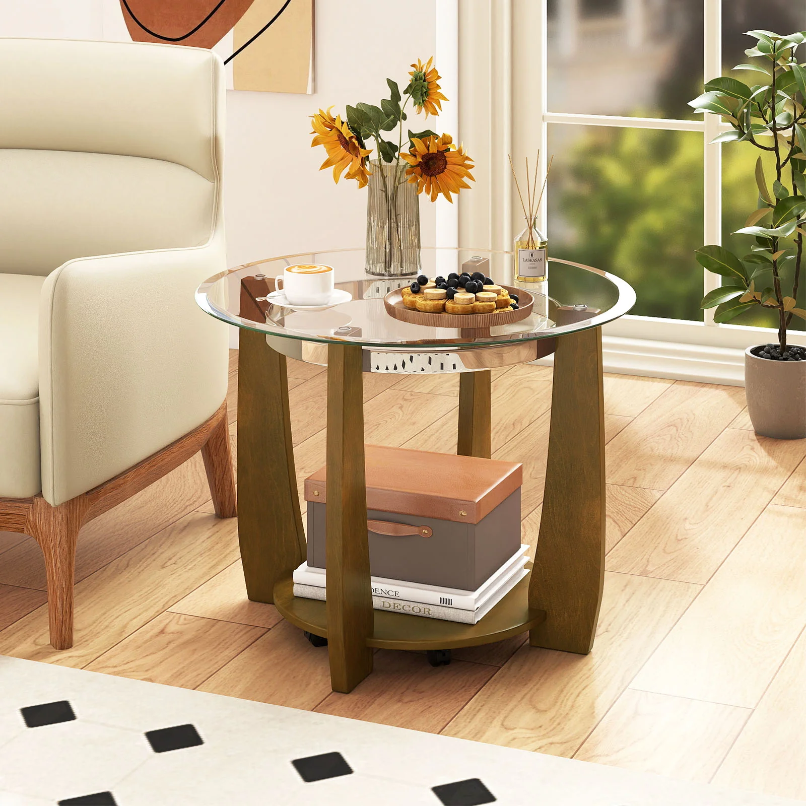 32" 2-Tier Glass Round Coffee Table with Storage Shelf, Walnut - Image 7
