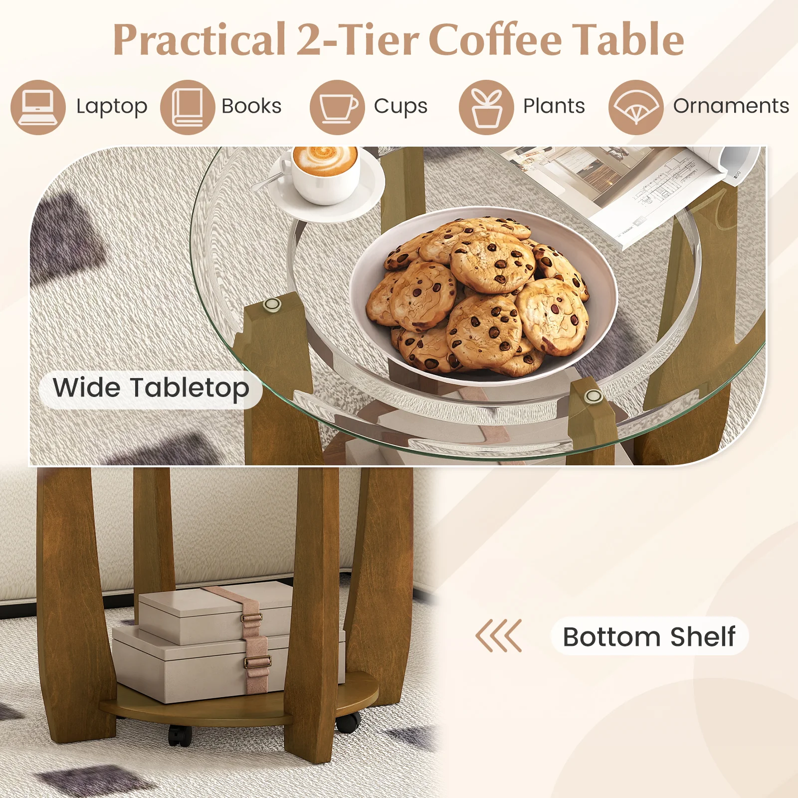 32" 2-Tier Glass Round Coffee Table with Storage Shelf, Walnut - Image 9