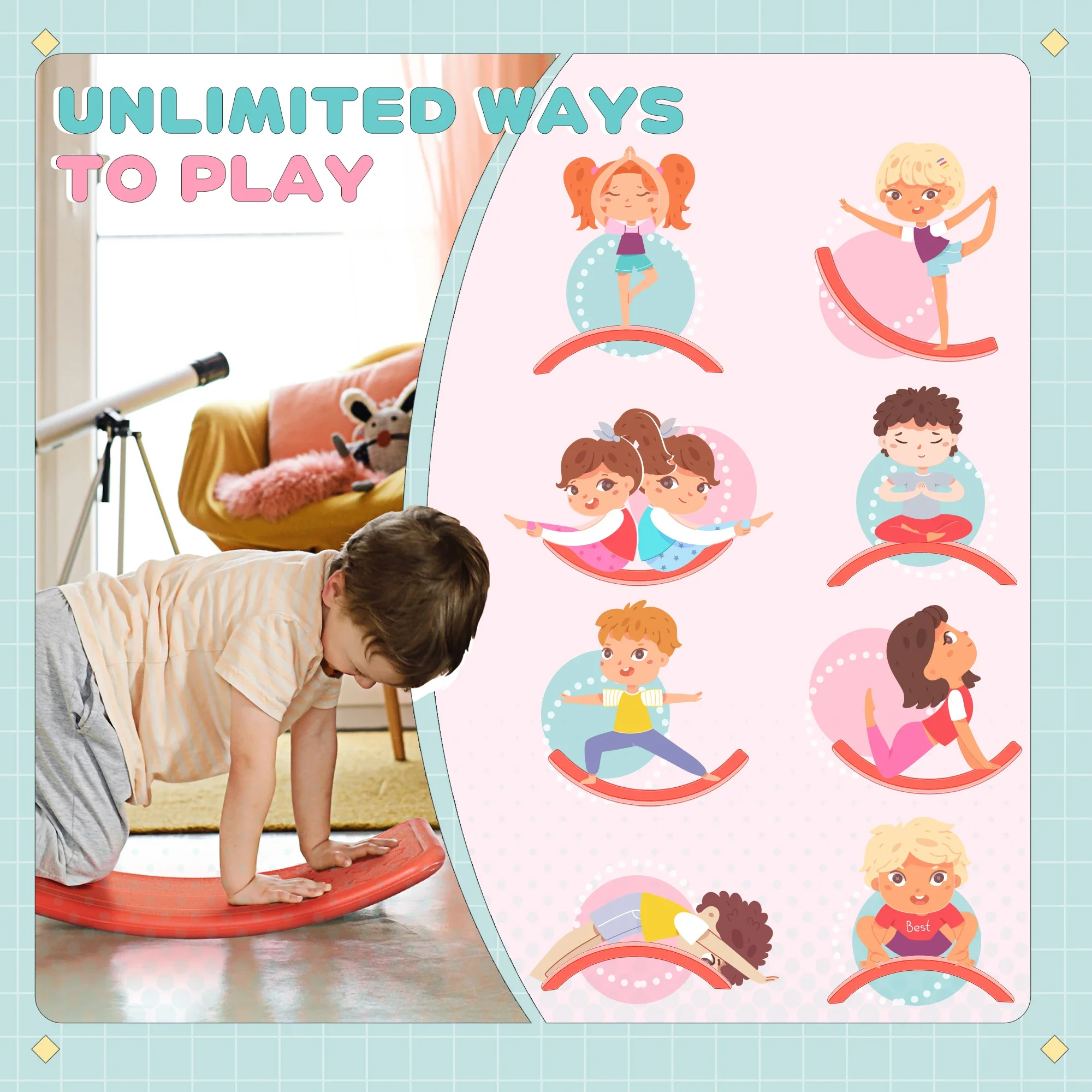 32.3" Balance Board, Wobble Board, Kids Rocker, Montessori Toy, Red - Image 4