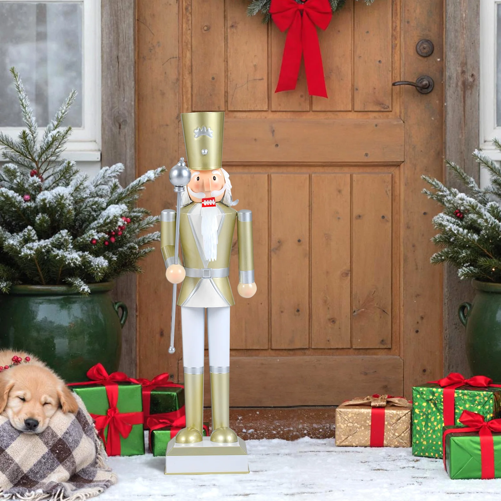 32.5 Inch Christmas Nutcracker, High Hat Scepter, White Golden - Image 3