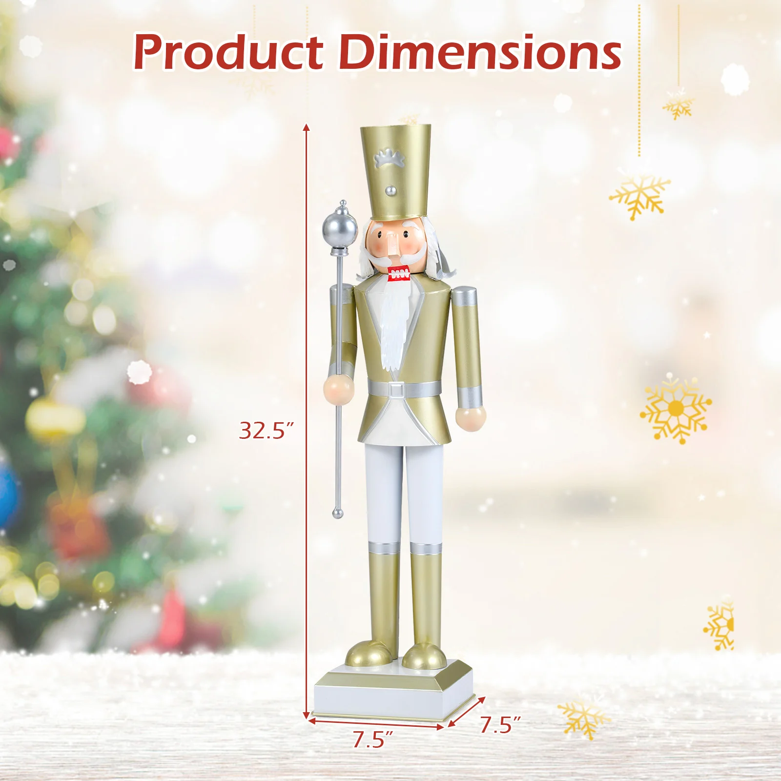 32.5 Inch Christmas Nutcracker, High Hat Scepter, White Golden - Image 6