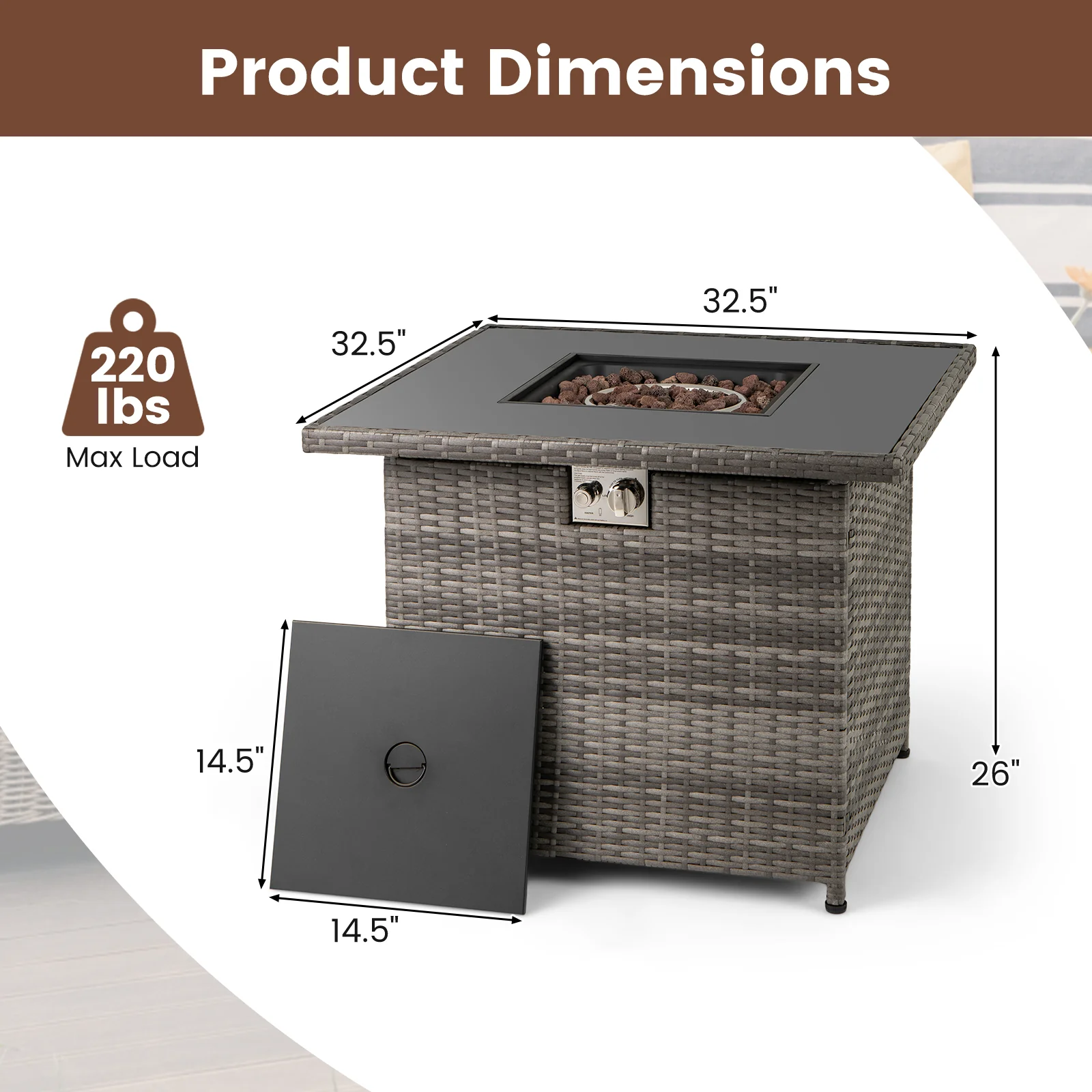 32.5 Inch Propane Fire Pit Table, 5000 BTU, Tempered Glass Tabletop, Gray - Image 5