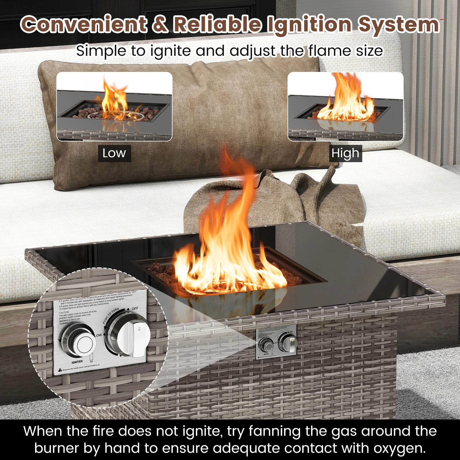 32.5 Inch Propane Fire Pit Table, 5000 BTU, Tempered Glass Tabletop, Gray - Image 6