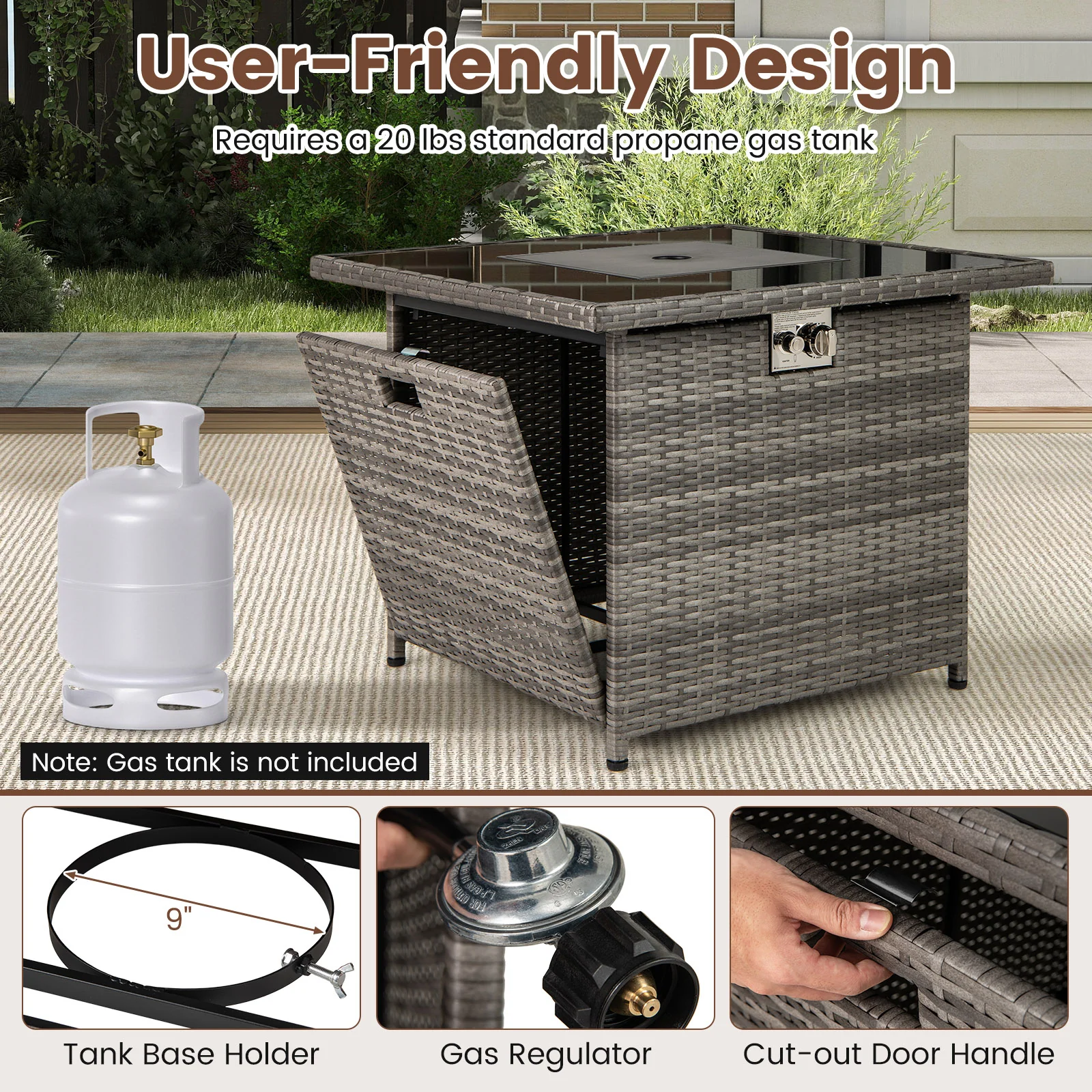 32.5 Inch Propane Fire Pit Table, 5000 BTU, Tempered Glass Tabletop, Gray - Image 9