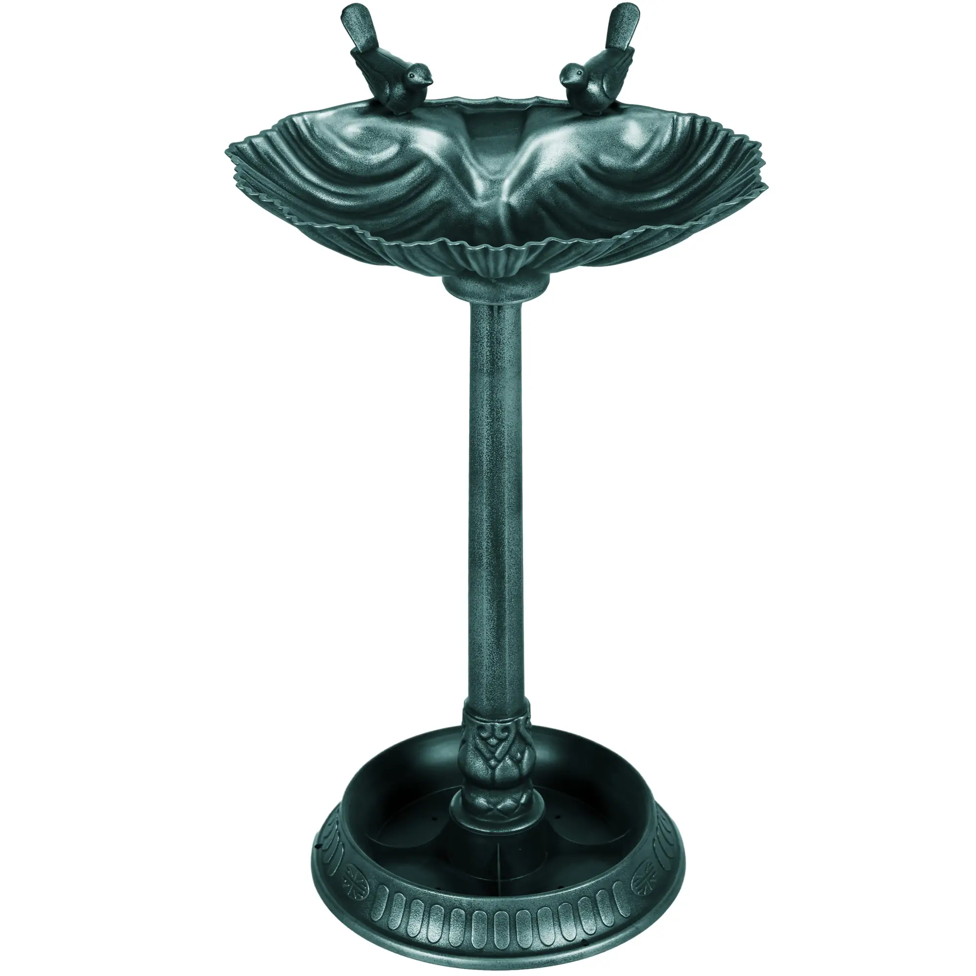 32" Bronze Green Bird Bath With Decorative Birds, Flower Planter Base, Bronze Green
