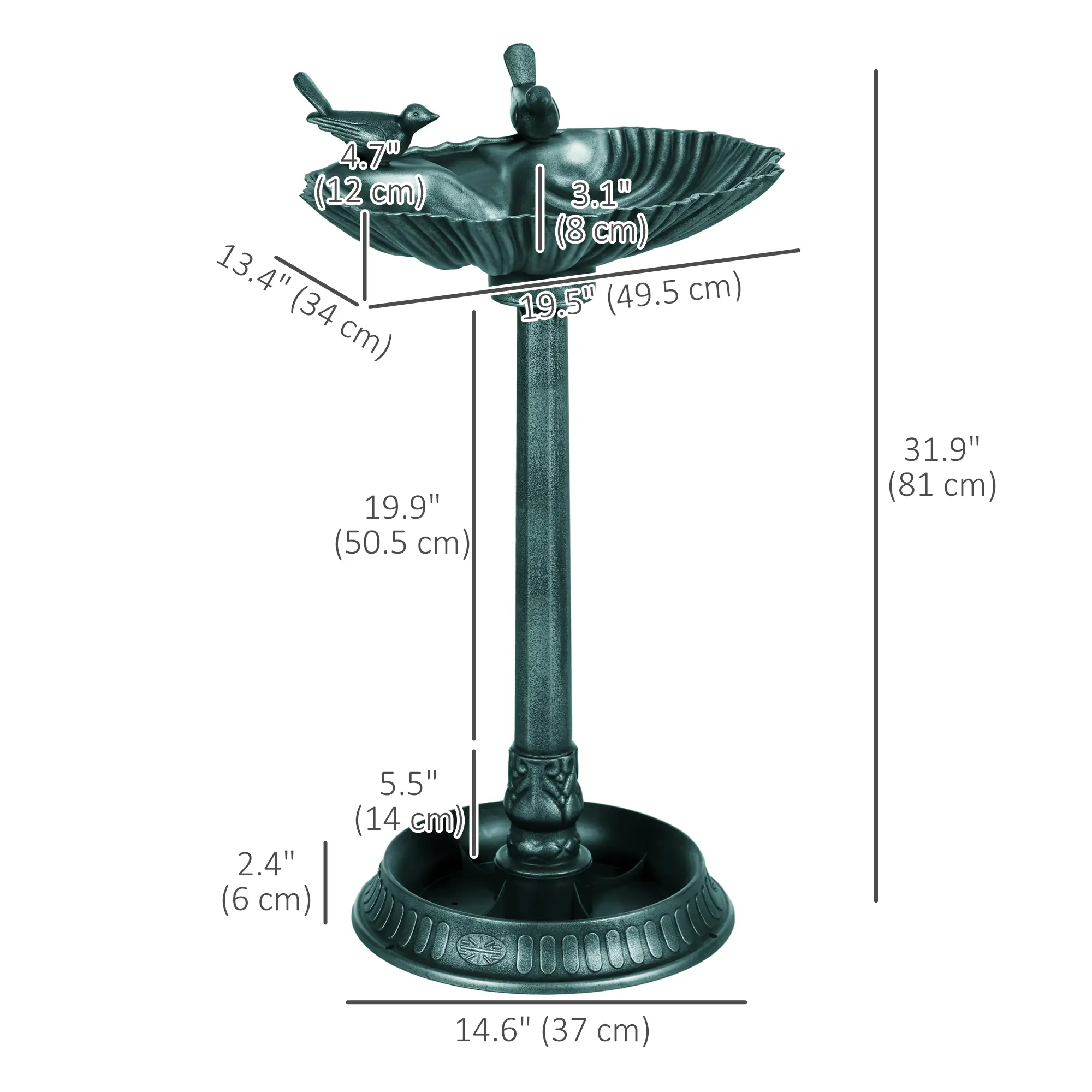 32" Bronze Green Bird Bath With Decorative Birds, Flower Planter Base, Bronze Green - Image 3