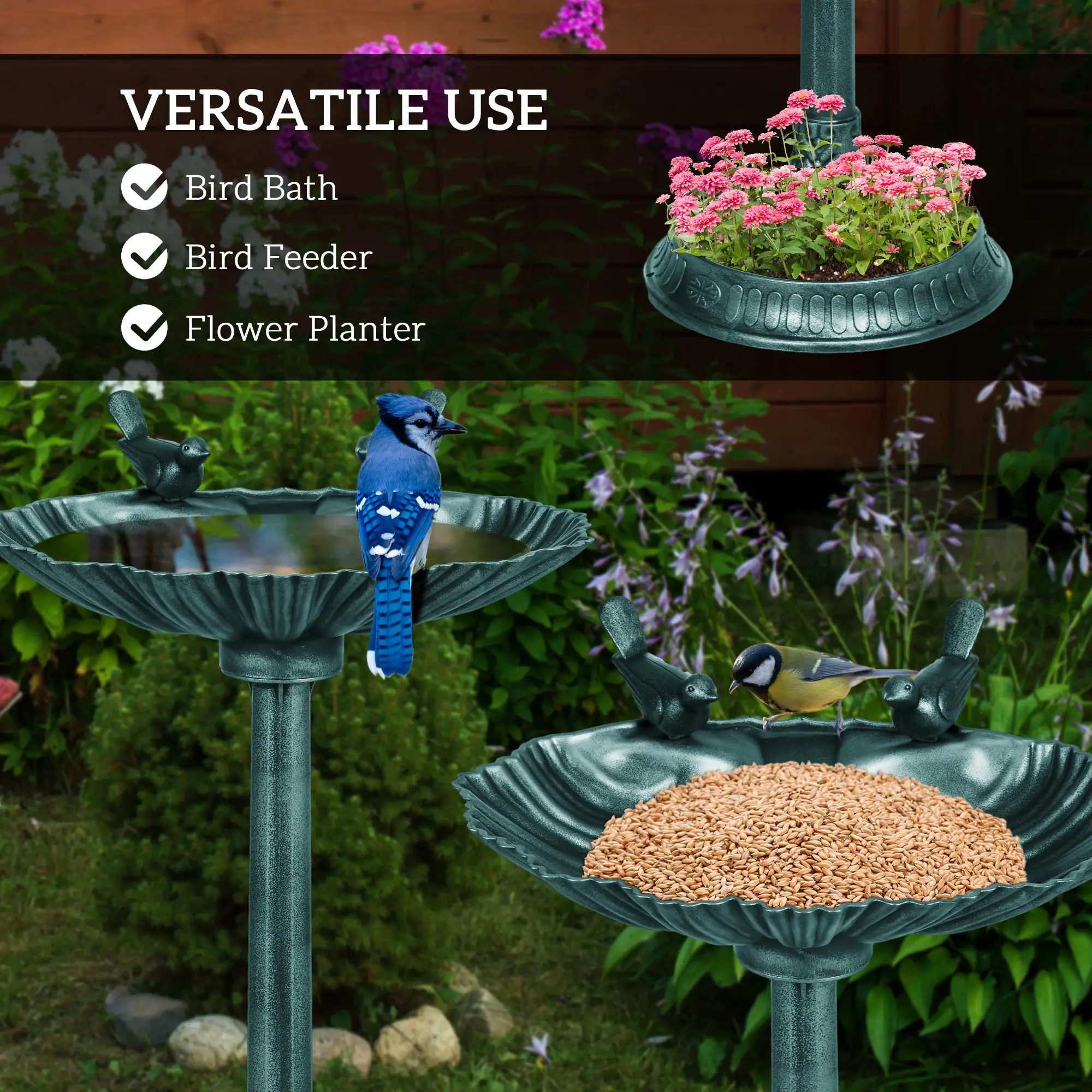 32" Bronze Green Bird Bath With Decorative Birds, Flower Planter Base, Bronze Green - Image 4