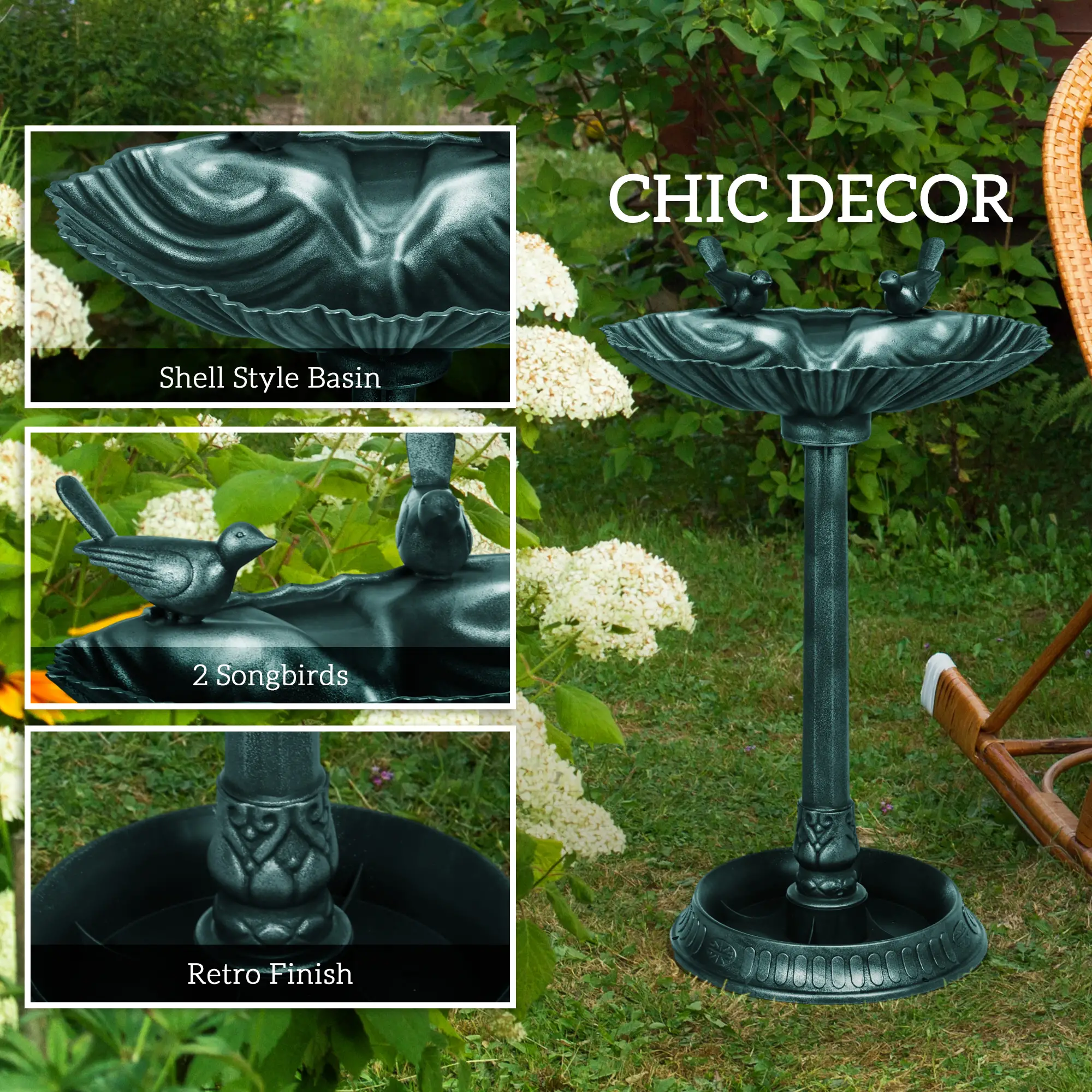 32" Bronze Green Bird Bath With Decorative Birds, Flower Planter Base, Bronze Green - Image 5