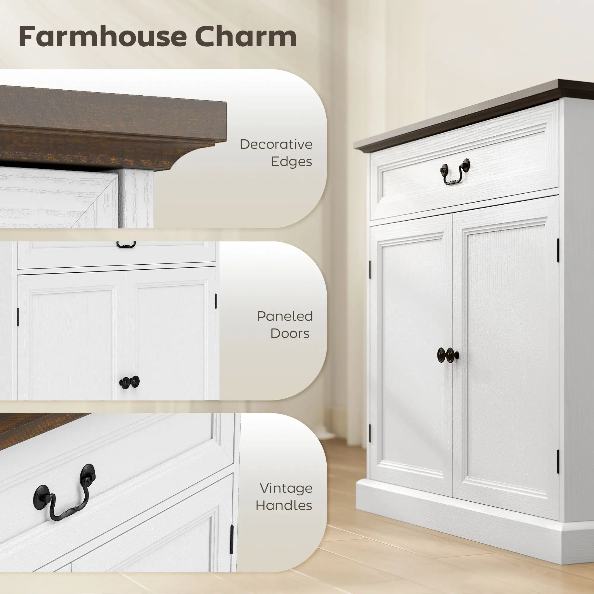 32" Buffet Cabinet, White Wood Grain, Farmhouse Sideboard, White - Image 7