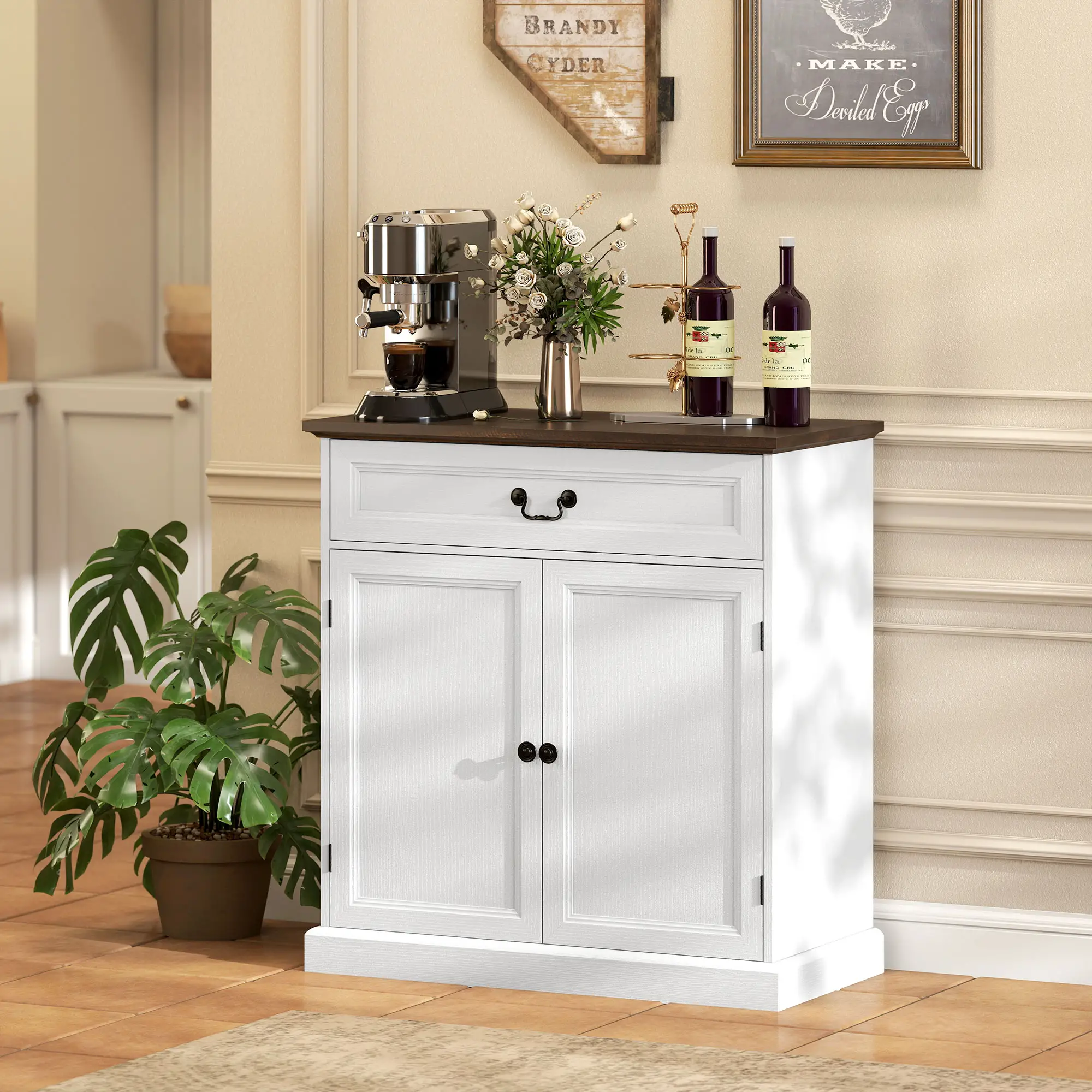 32" Buffet Cabinet, White Wood Grain, Farmhouse Sideboard, White - Image 8