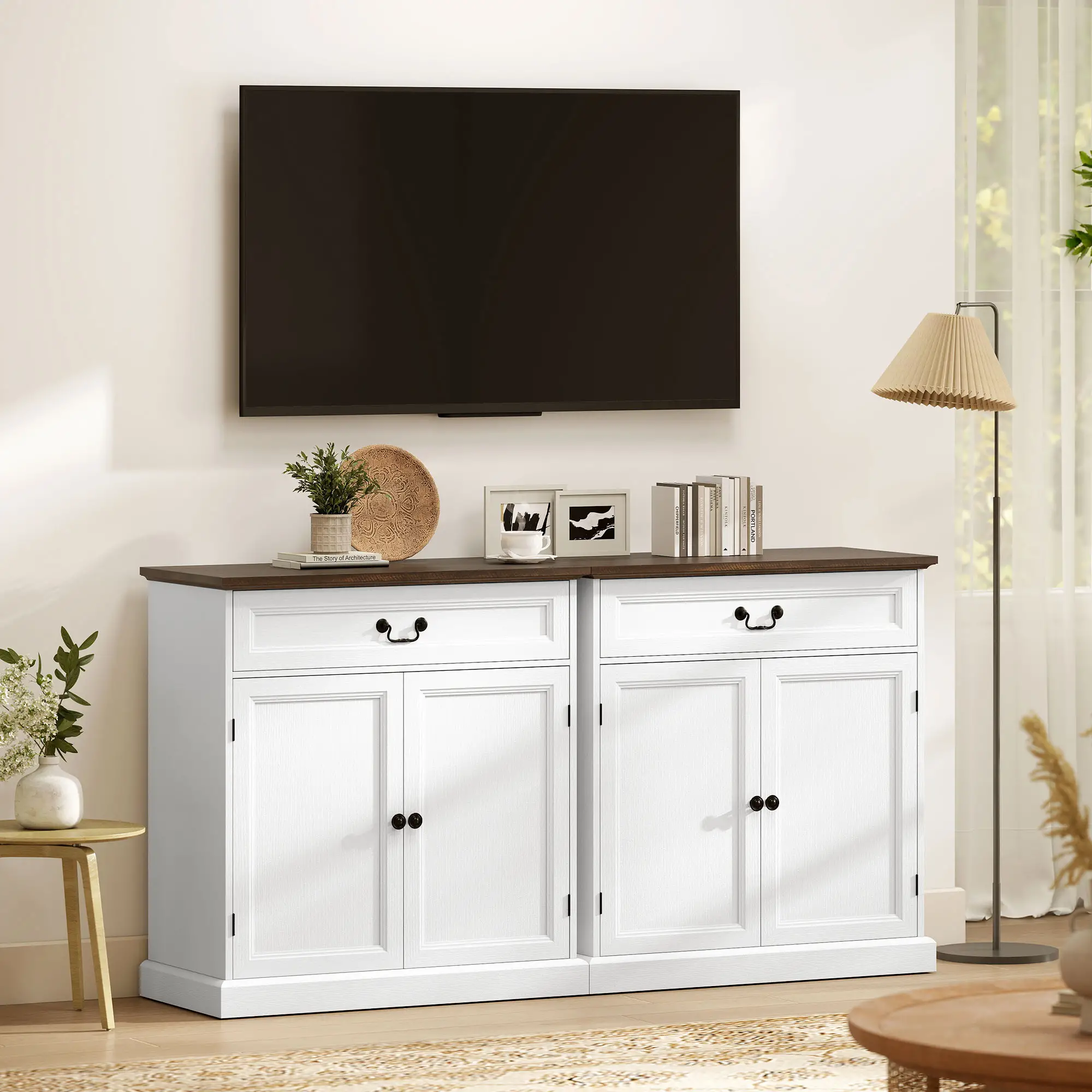 32" Buffet Cabinet, White Wood Grain, Farmhouse Sideboard, White - Image 9