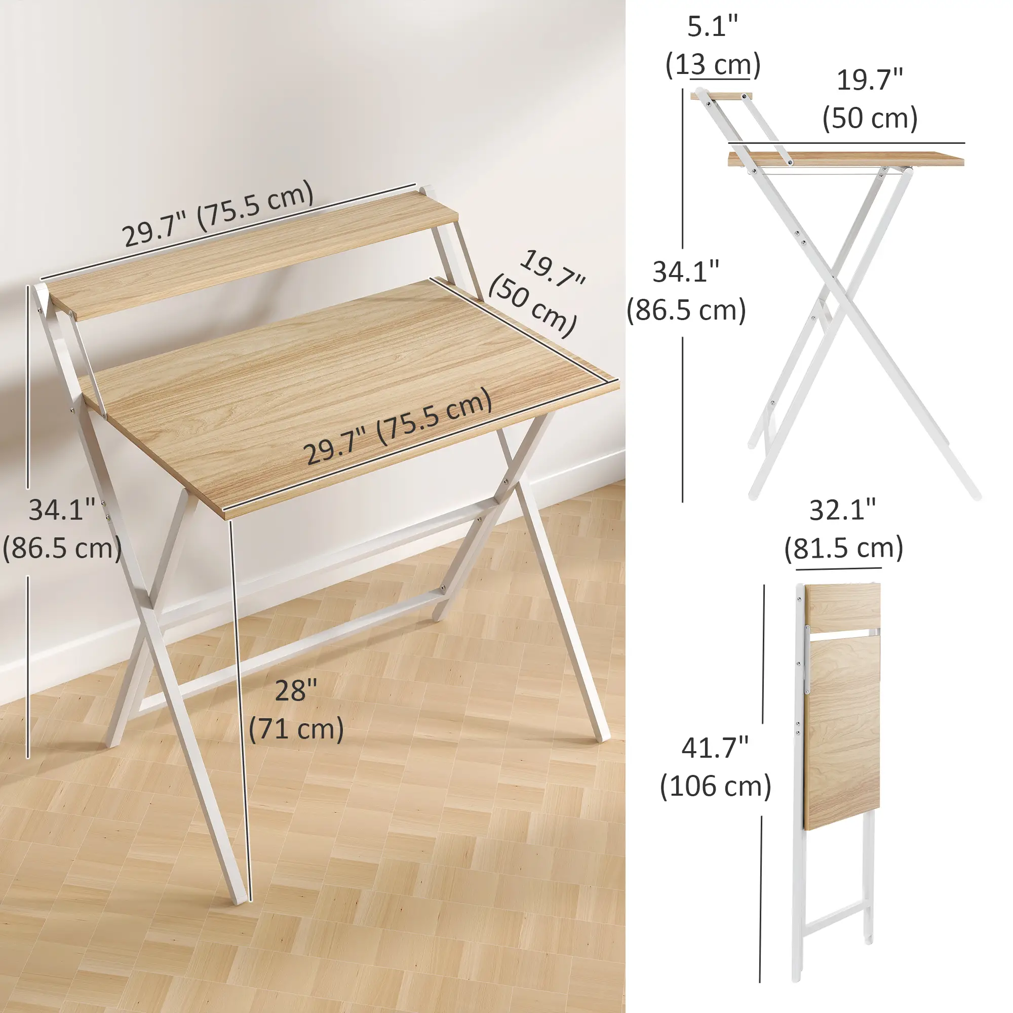 32" Folding Computer Desk with Monitor Shelf, Natural Wood - Image 3