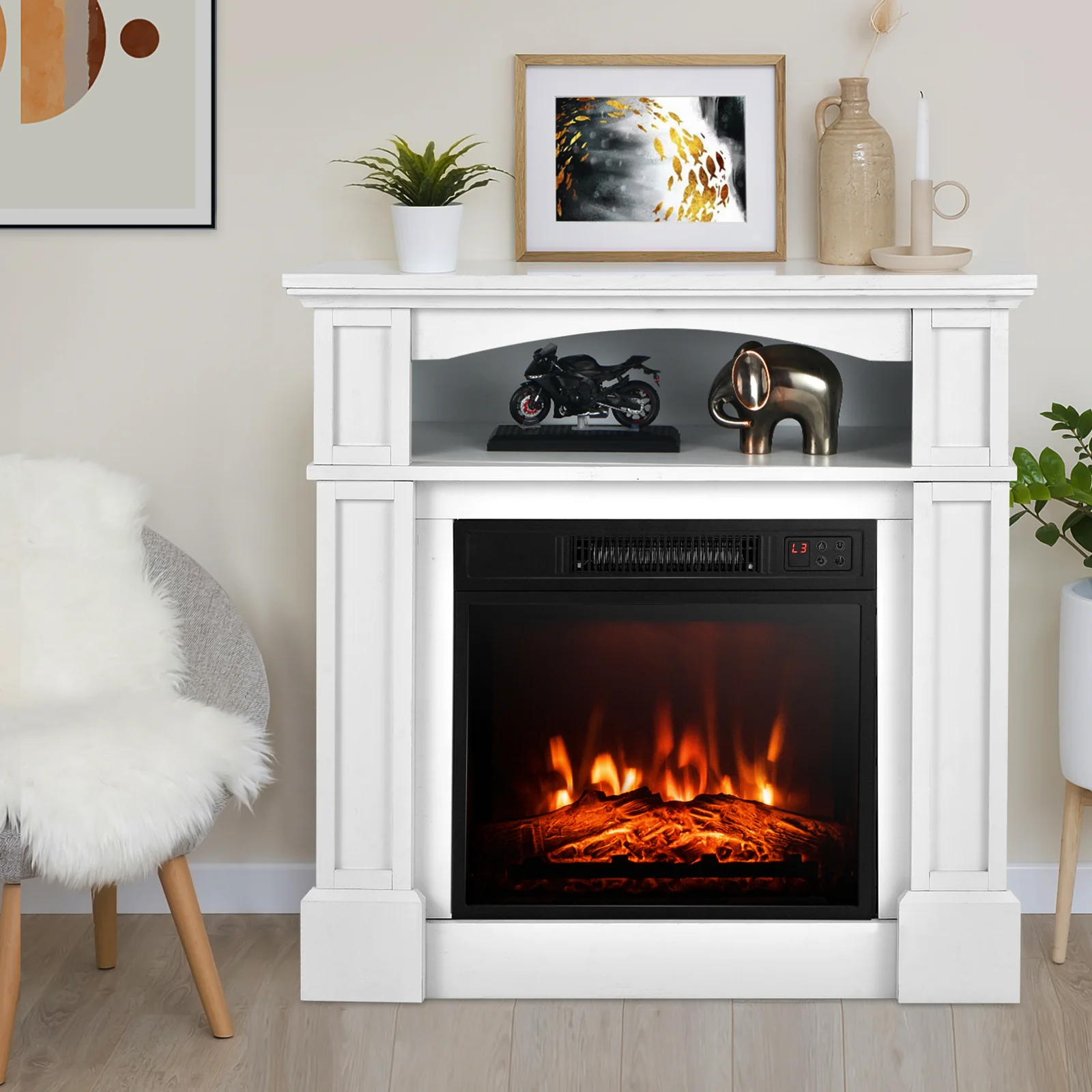 32 Inch 1400W Electric TV Stand Fireplace With Shelf, White - Image 2