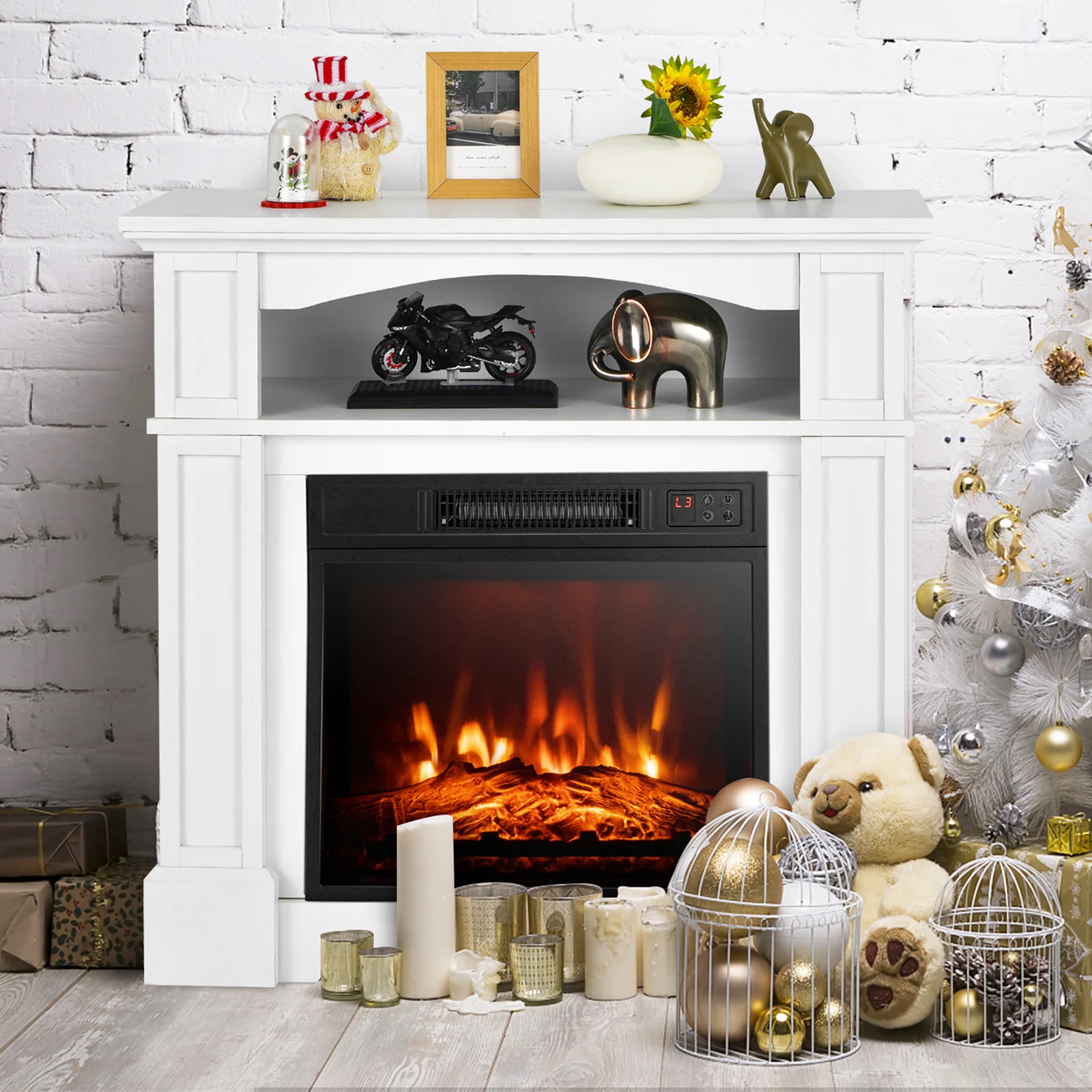 32 Inch 1400W Electric TV Stand Fireplace With Shelf, White - Image 3