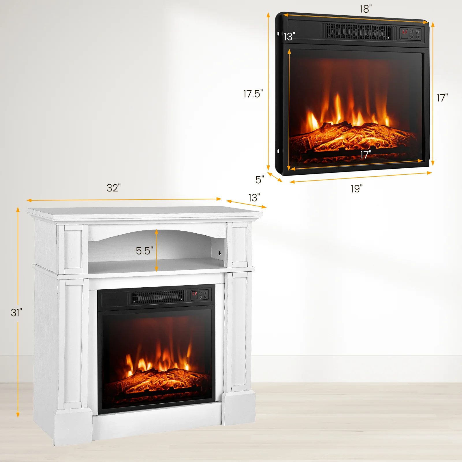 32 Inch 1400W Electric TV Stand Fireplace With Shelf, White - Image 5
