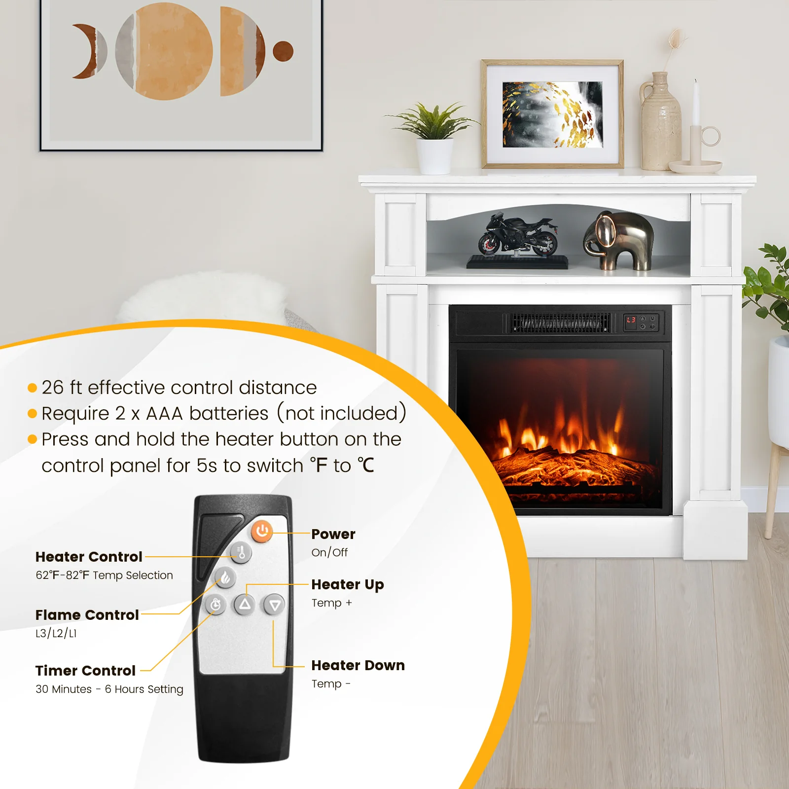 32 Inch 1400W Electric TV Stand Fireplace With Shelf, White - Image 7