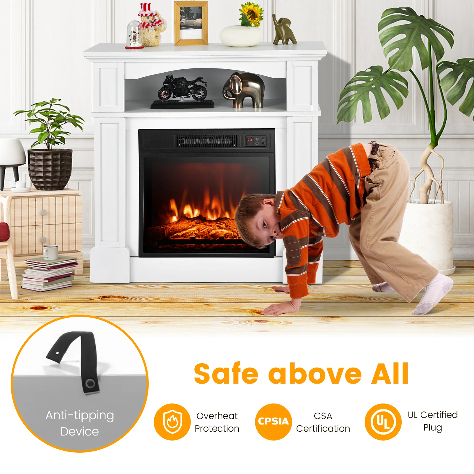 32 Inch 1400W Electric TV Stand Fireplace With Shelf, White - Image 9