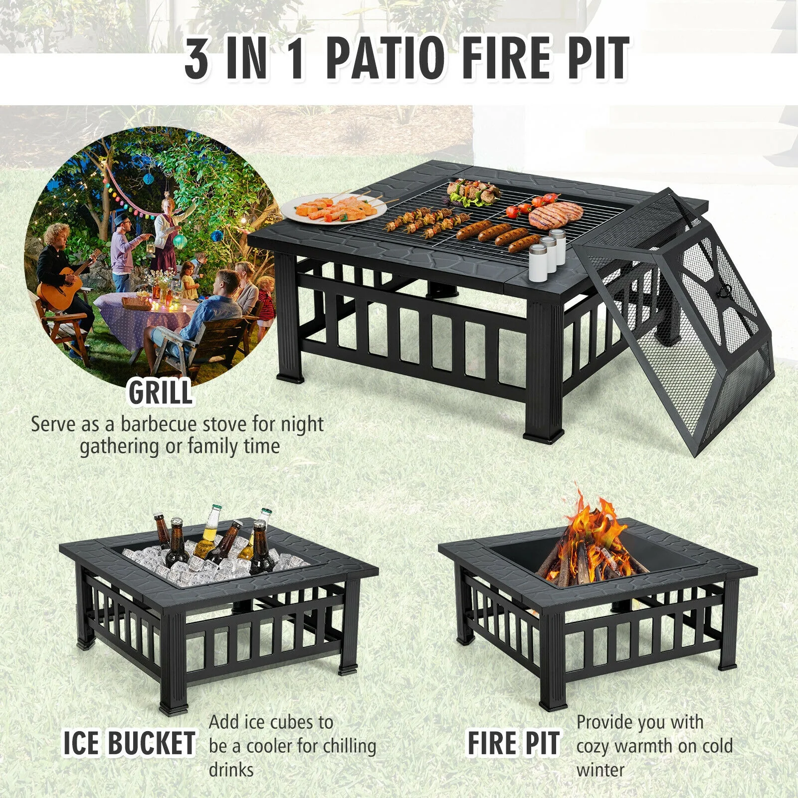 32 Inch 3 In 1 Outdoor Square Fire Pit Table With BBQ Grill, Rain Cover, Black - Image 10