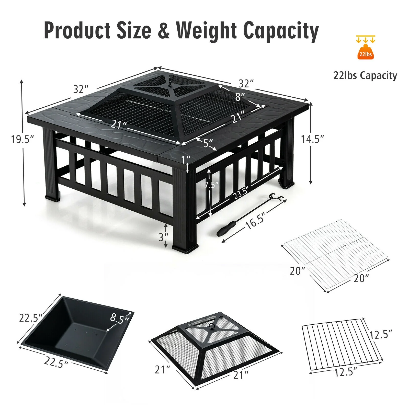 32 Inch 3 In 1 Outdoor Square Fire Pit Table With BBQ Grill, Rain Cover, Black - Image 6