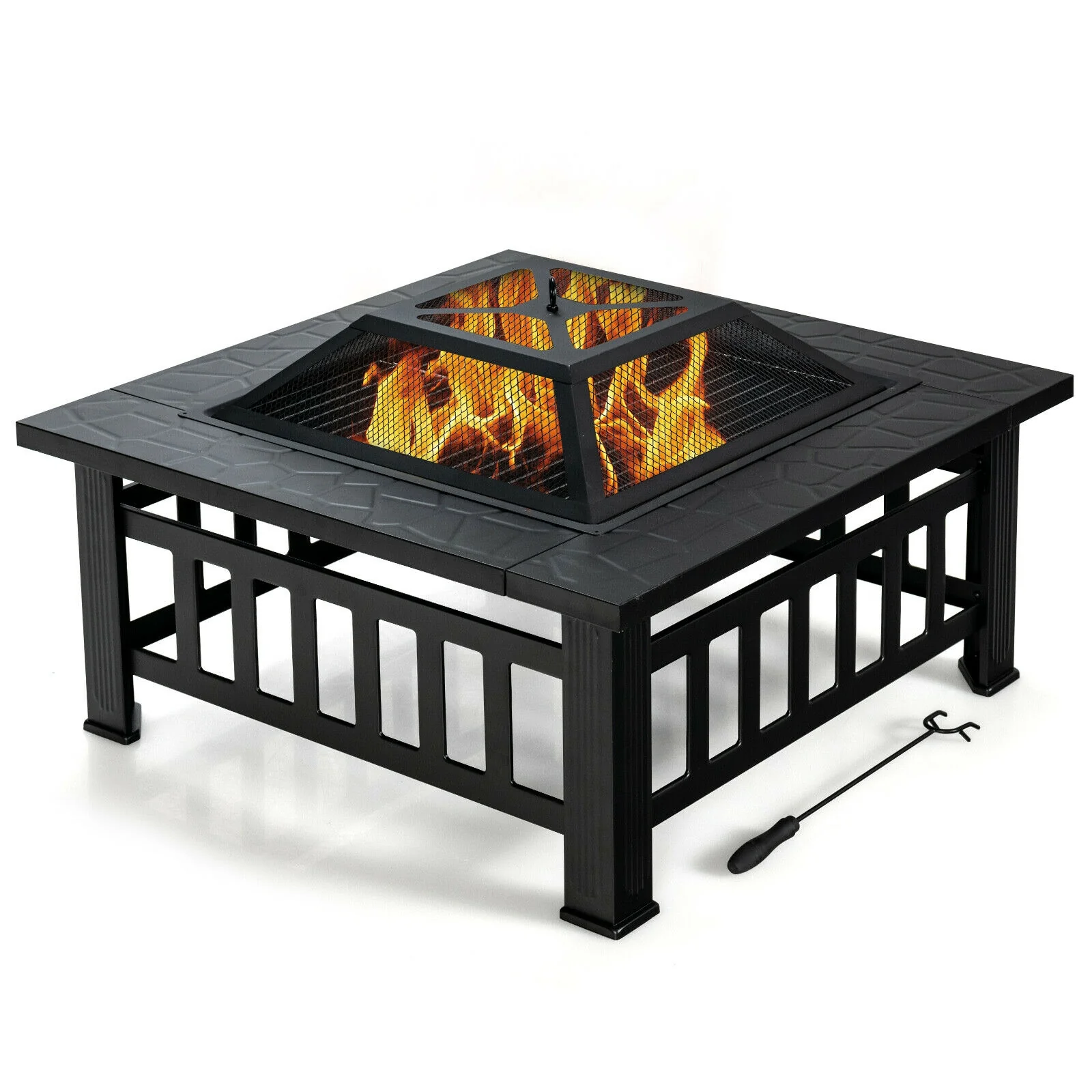 32 Inch 3 In 1 Outdoor Square Fire Pit Table With BBQ Grill, Rain Cover, Black - Image 7