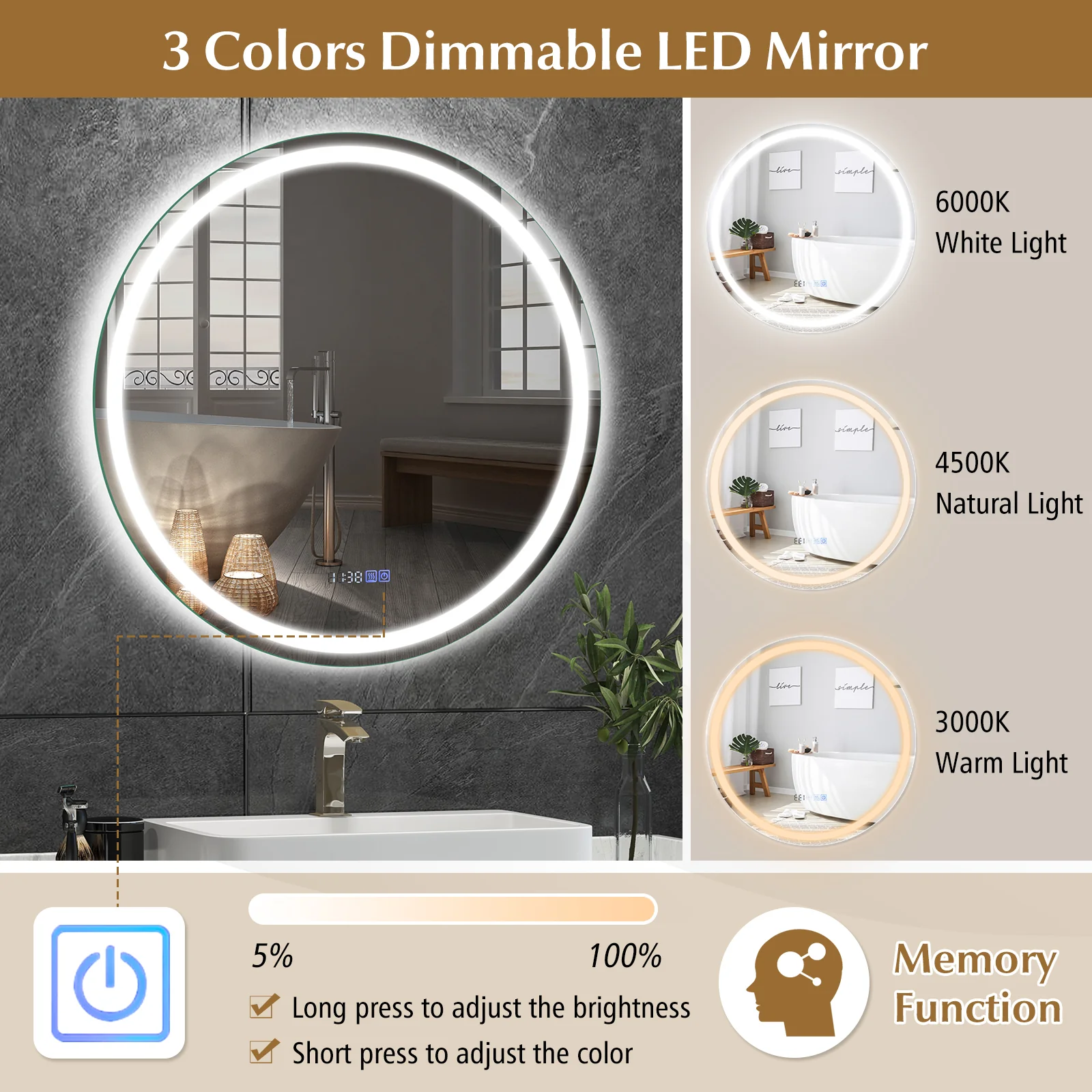 32 Inch Anti-Fog Bathroom Mirror With LED Lights, 3-Color - Image 7