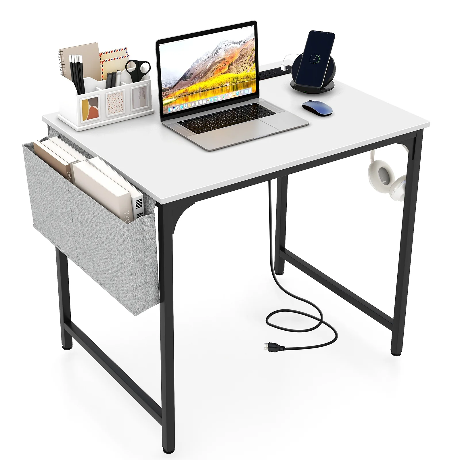 32 Inch Computer Desk, With Charging Station, White