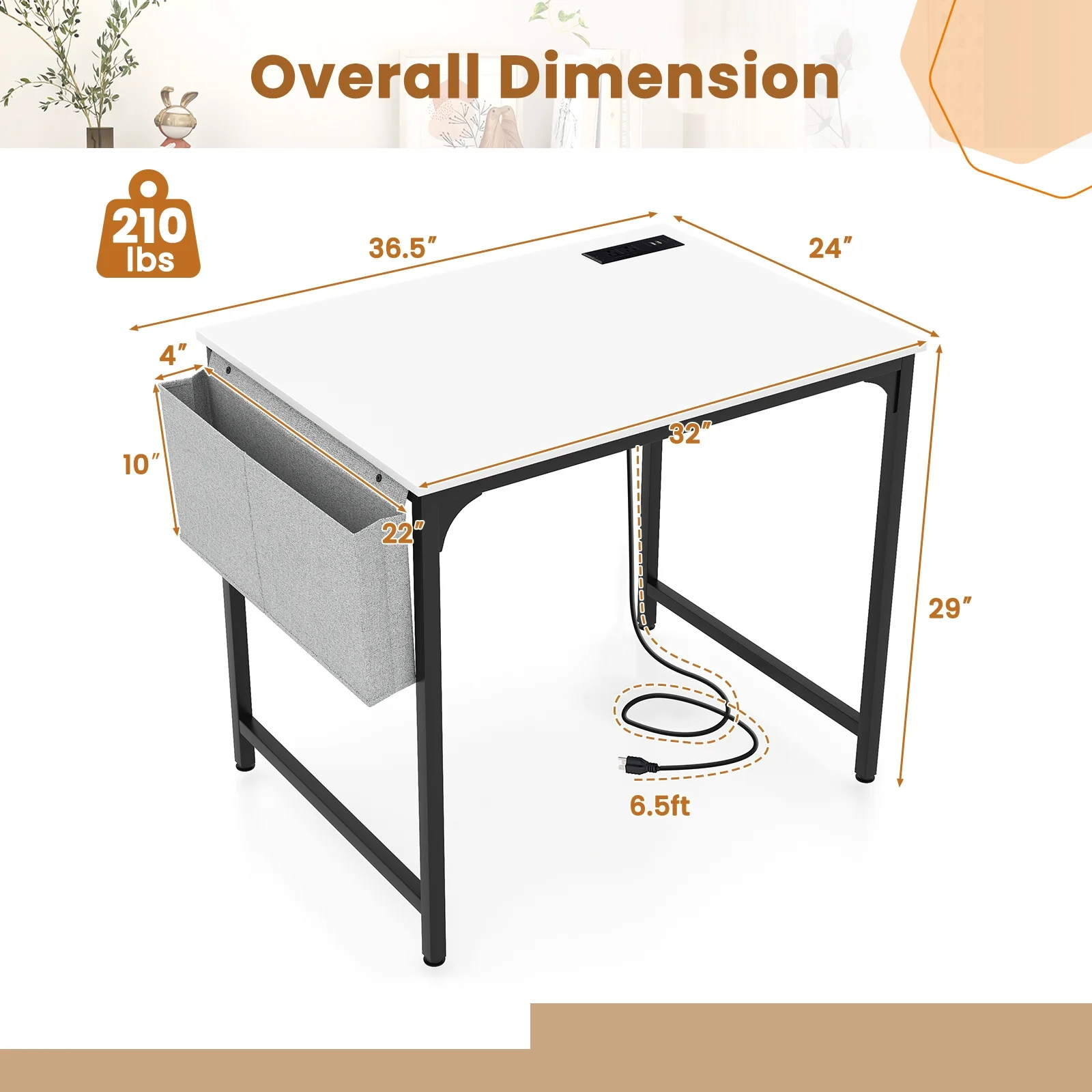 32 Inch Computer Desk, With Charging Station, White - Image 6