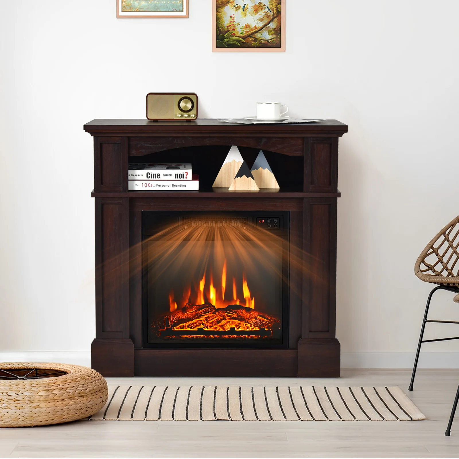 32 Inch Electric TV Stand Fireplace With Shelf, Natural - Image 2