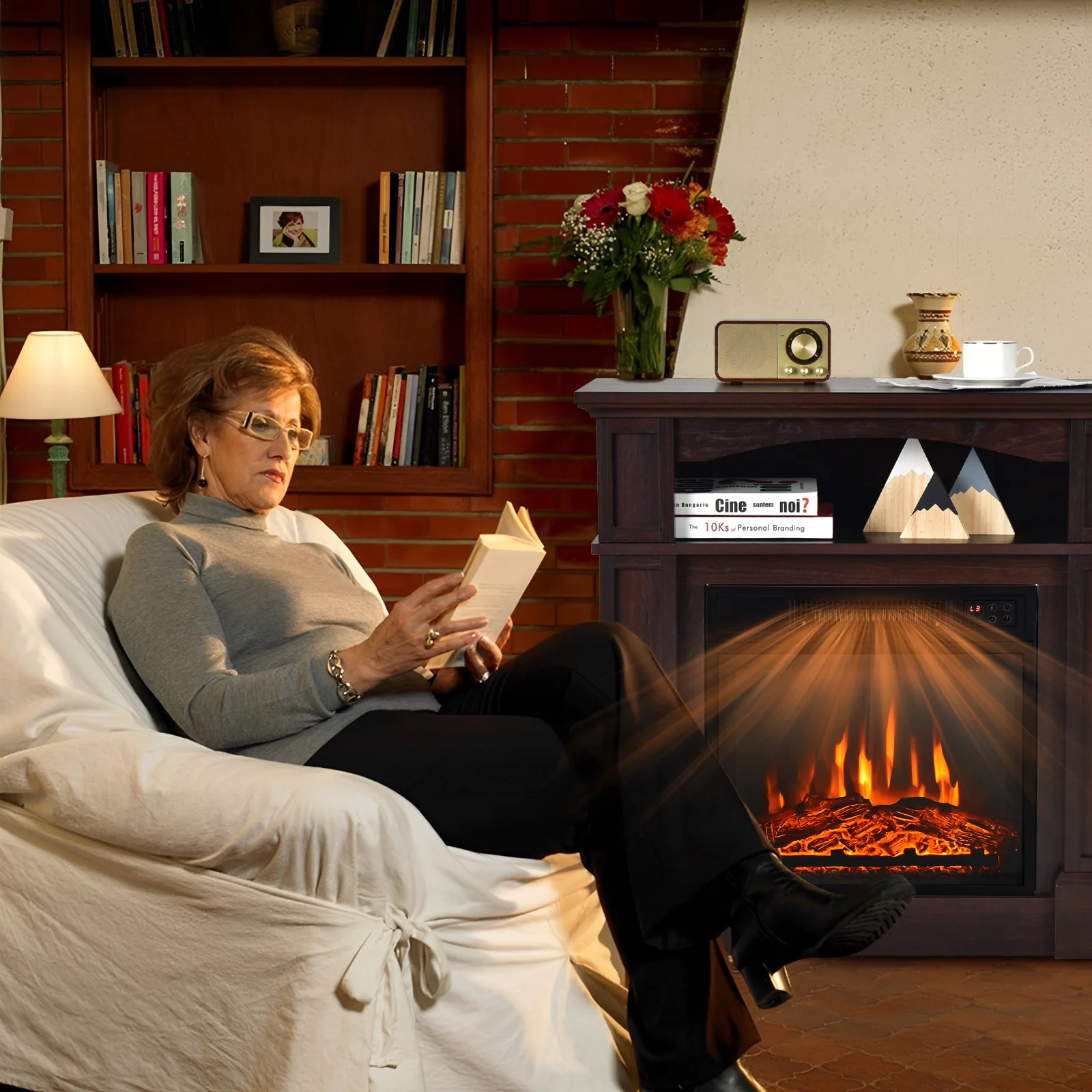 32 Inch Electric TV Stand Fireplace With Shelf, Natural - Image 3