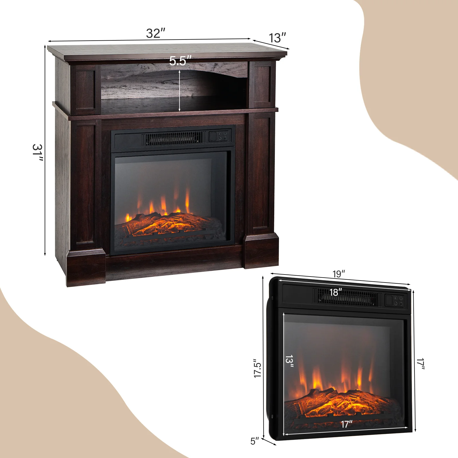 32 Inch Electric TV Stand Fireplace With Shelf, Natural - Image 6
