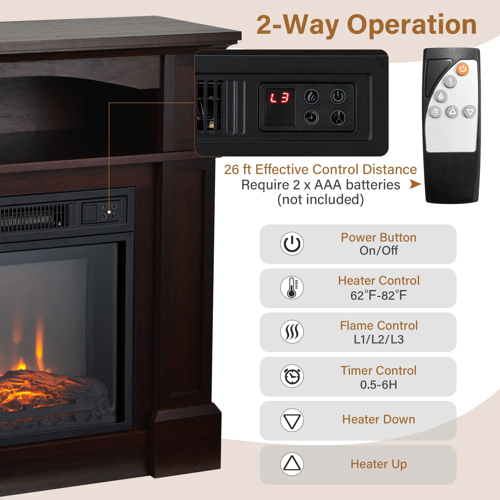 32 Inch Electric TV Stand Fireplace With Shelf, Natural - Image 7