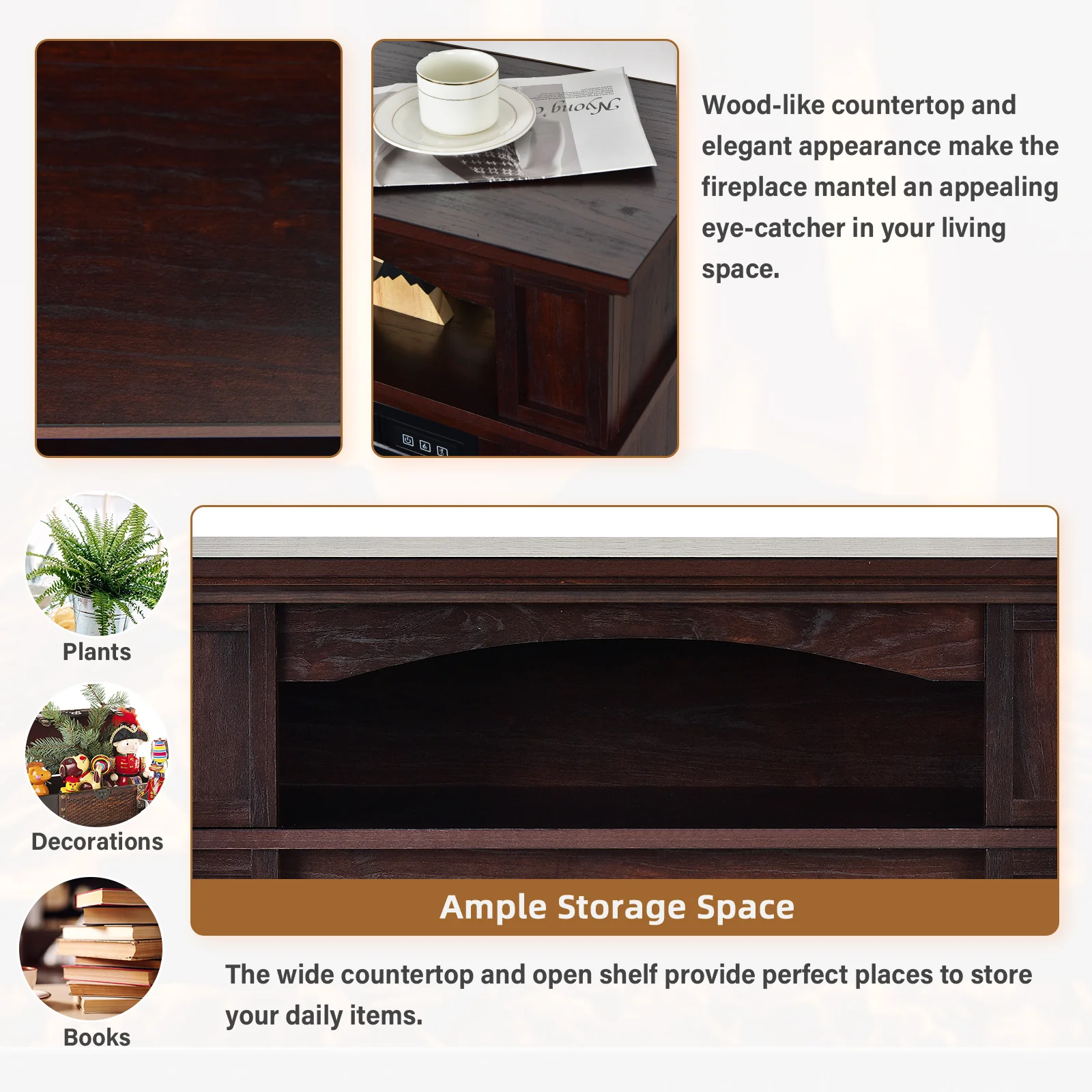 32 Inch Electric TV Stand Fireplace With Shelf, Natural - Image 9