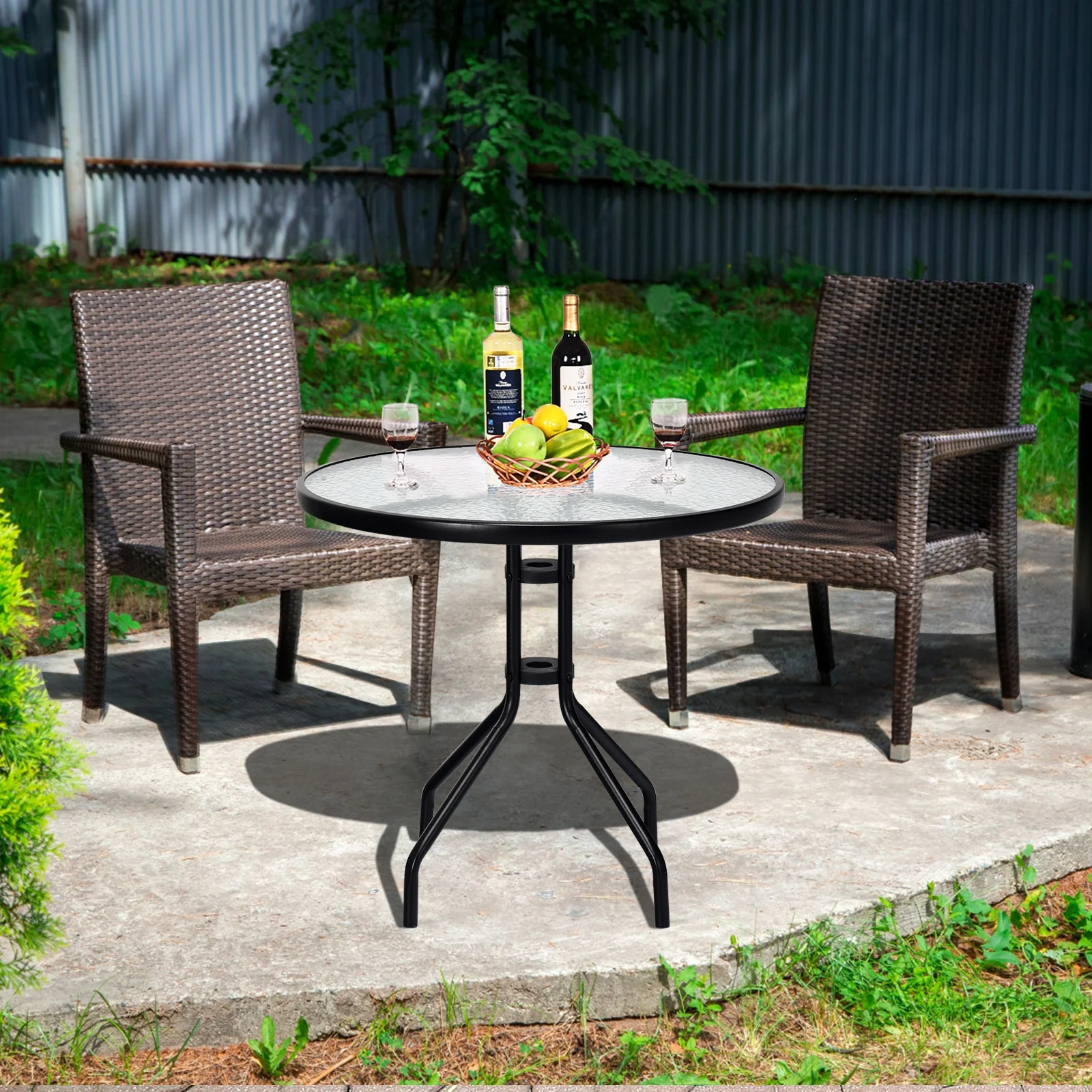 32 Inch Outdoor Patio Round Tempered Glass Table With Umbrella Hole, Transparent - Image 2