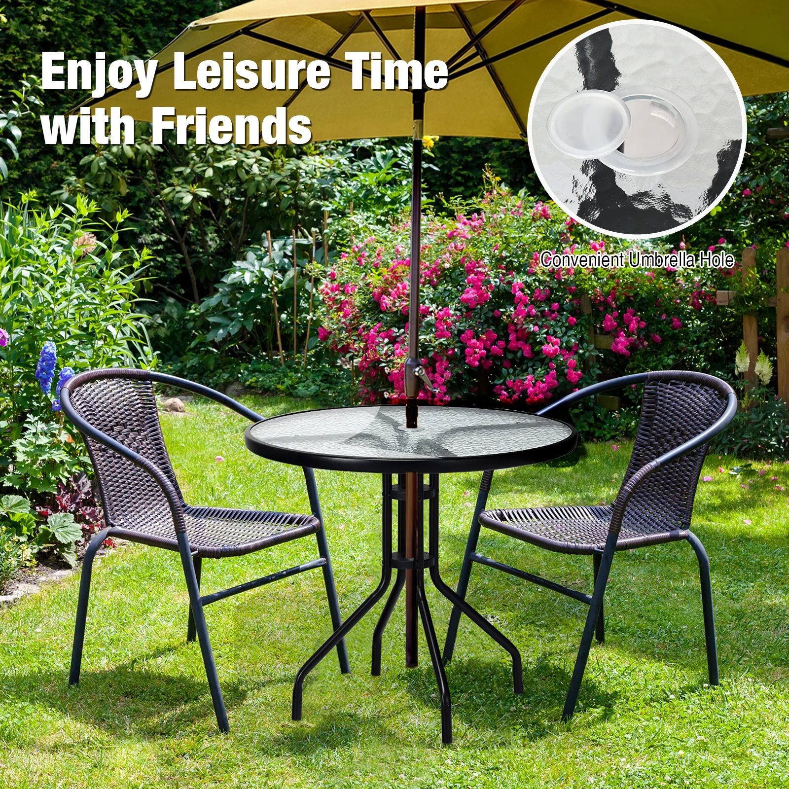 32 Inch Outdoor Patio Round Tempered Glass Table With Umbrella Hole, Transparent - Image 3