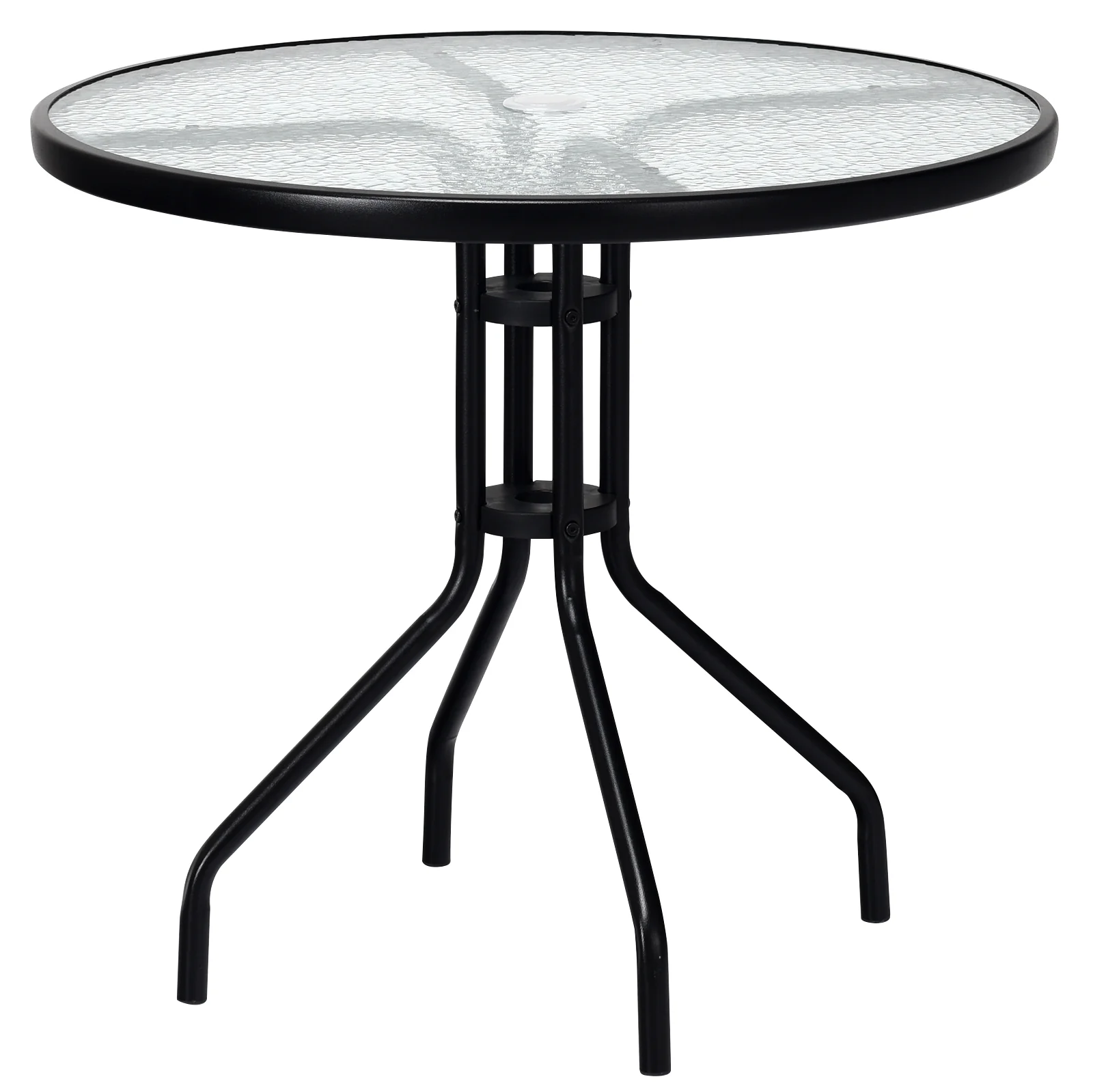 32 Inch Outdoor Patio Round Tempered Glass Table With Umbrella Hole, Transparent - Image 4