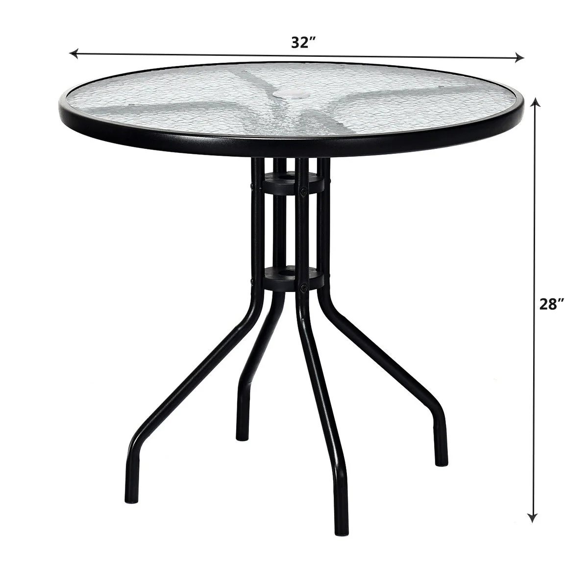 32 Inch Outdoor Patio Round Tempered Glass Table With Umbrella Hole, Transparent - Image 5