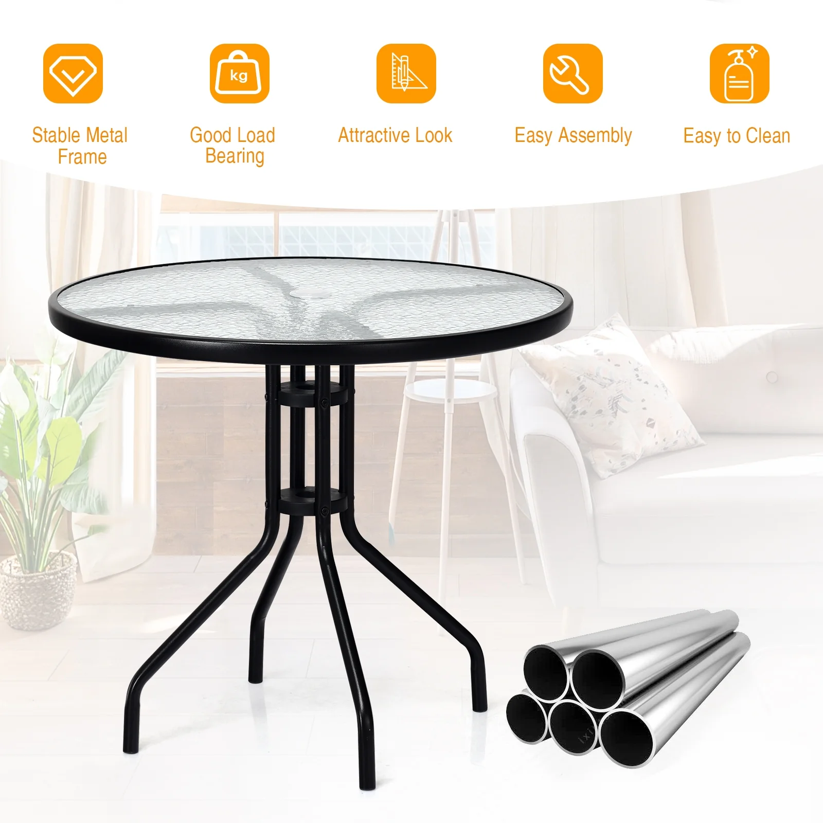 32 Inch Outdoor Patio Round Tempered Glass Table With Umbrella Hole, Transparent - Image 6