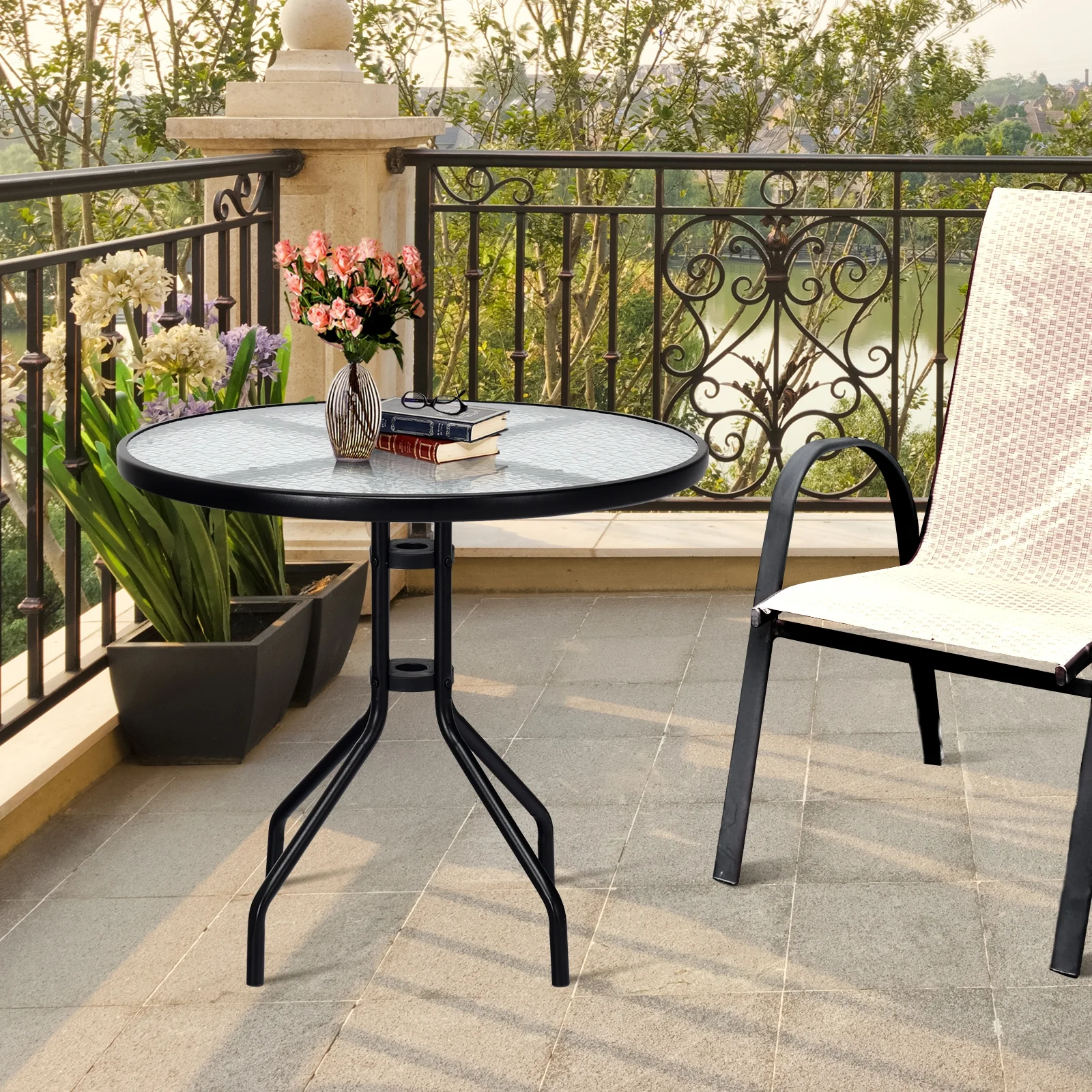 32 Inch Outdoor Patio Round Tempered Glass Table With Umbrella Hole, Transparent - Image 7