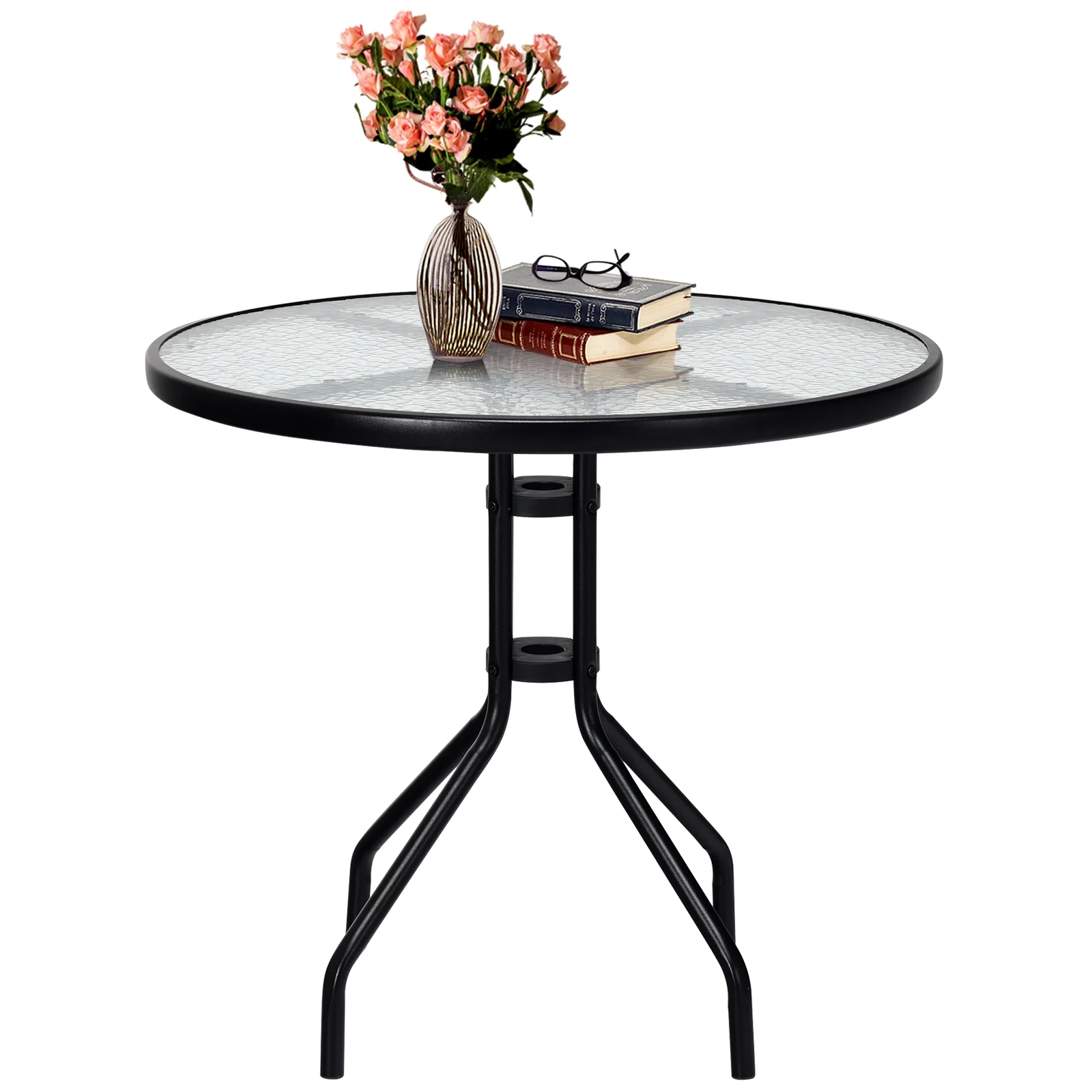 32 Inch Outdoor Patio Round Tempered Glass Table With Umbrella Hole, Transparent - Image 9