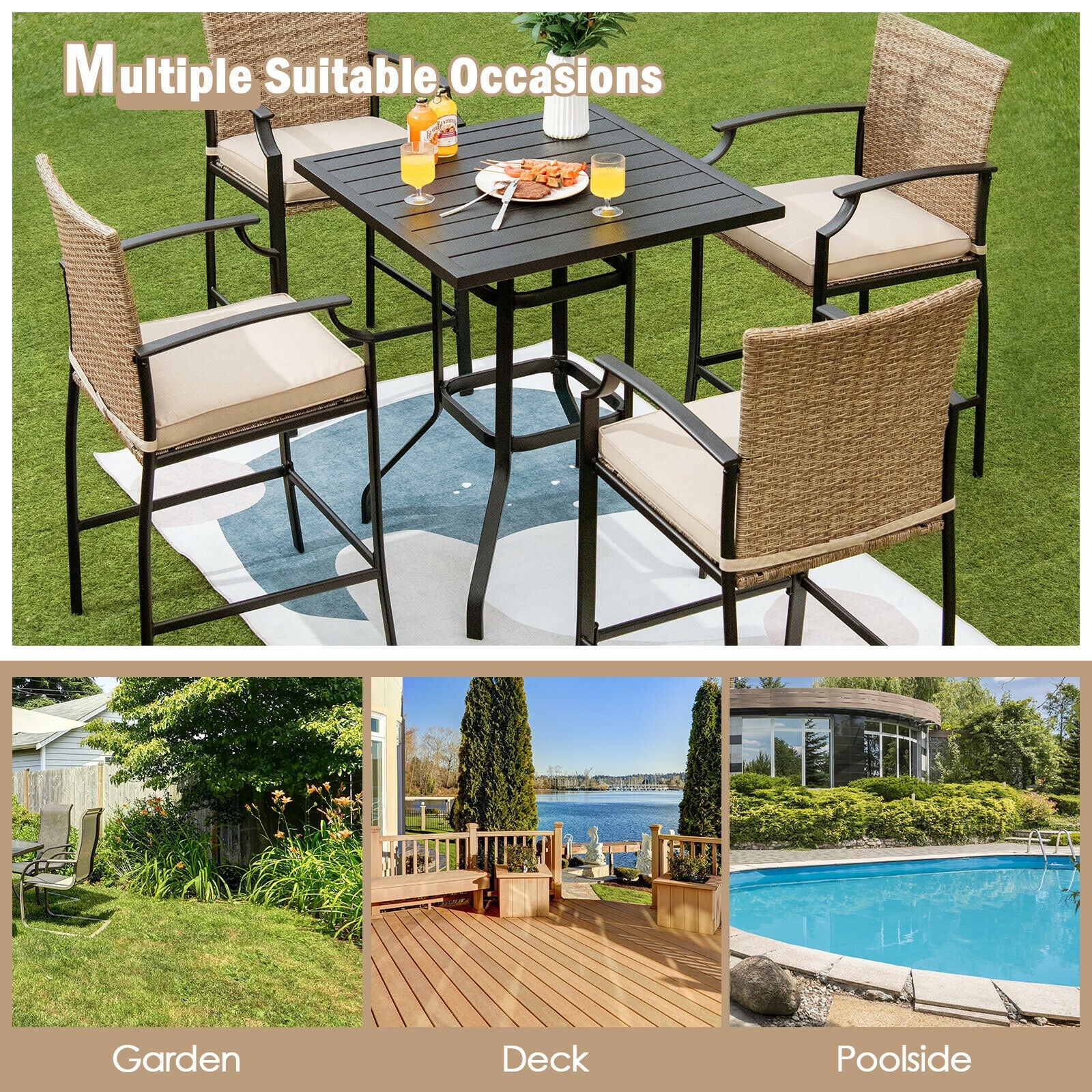 32 Inch Outdoor Steel Square Bar Table, Powder-Coated Tabletop, Black - Image 3
