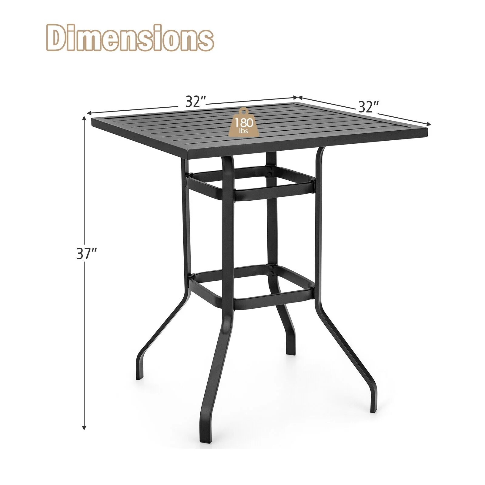 32 Inch Outdoor Steel Square Bar Table, Powder-Coated Tabletop, Black - Image 5