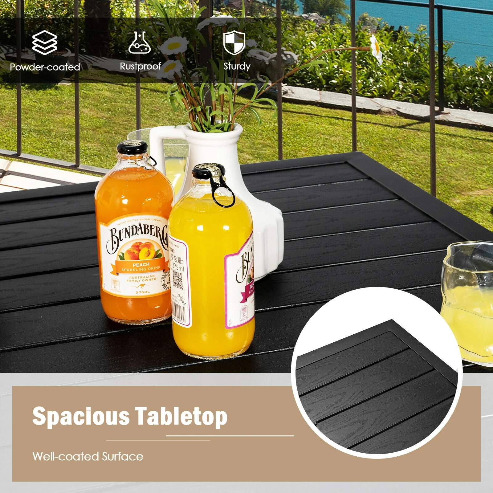 32 Inch Outdoor Steel Square Bar Table, Powder-Coated Tabletop, Black - Image 6