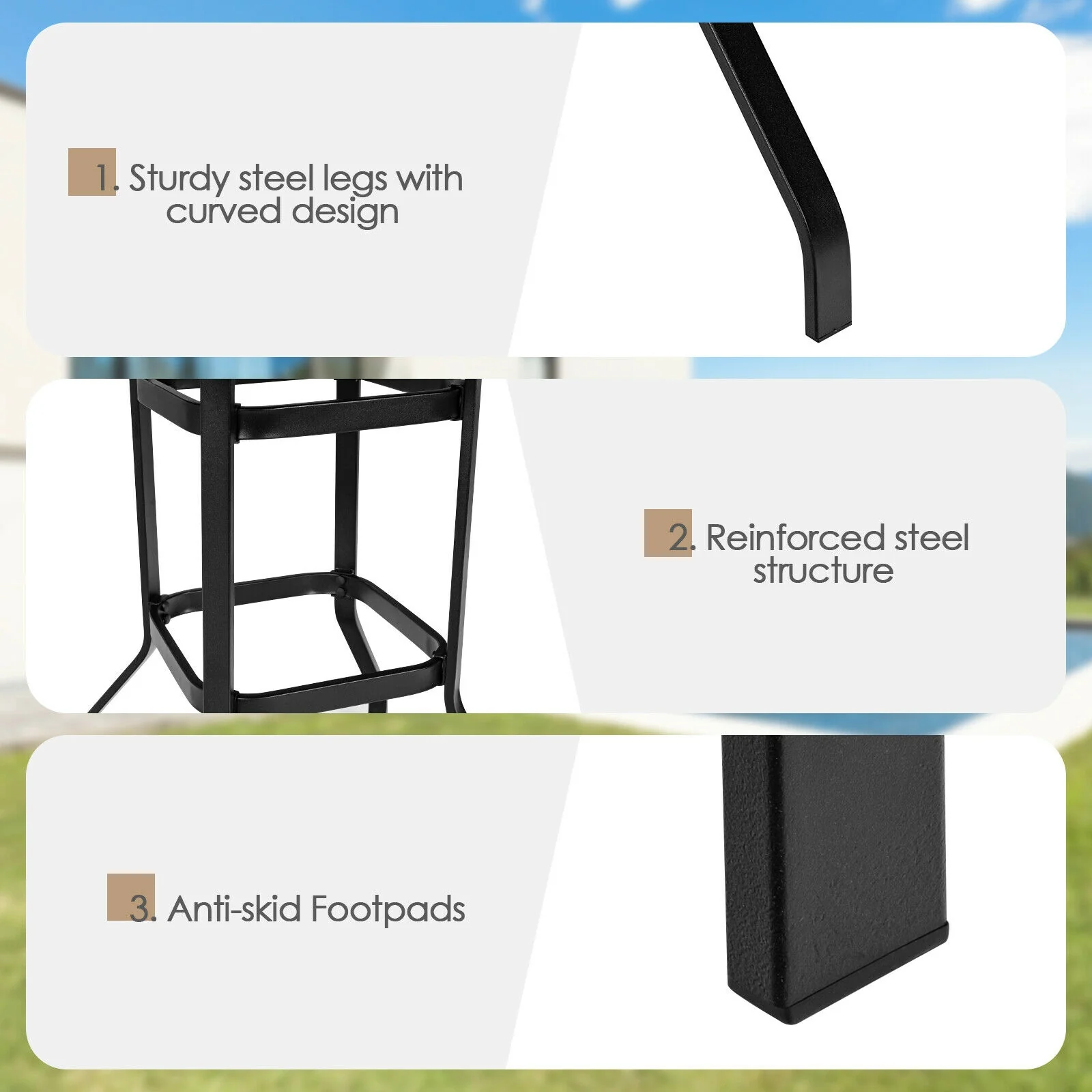 32 Inch Outdoor Steel Square Bar Table, Powder-Coated Tabletop, Black - Image 9