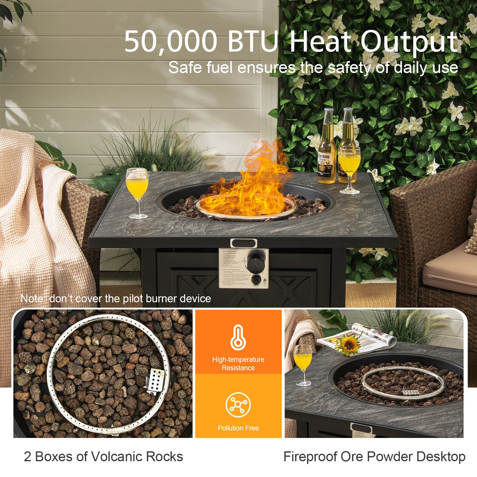 32 Inch Propane Fire Pit Table, Square Tabletop, Lava Rocks, 50000 BTU, Black - Image 10