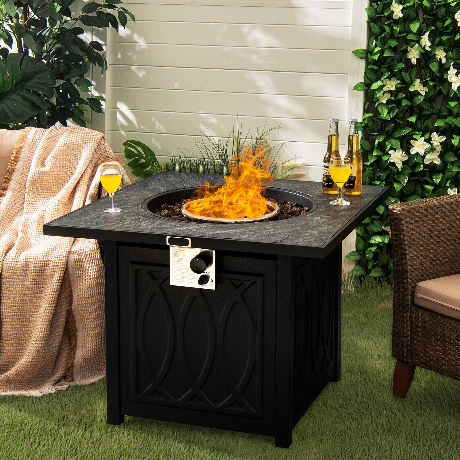 32 Inch Propane Fire Pit Table, Square Tabletop, Lava Rocks, 50000 BTU, Black - Image 7