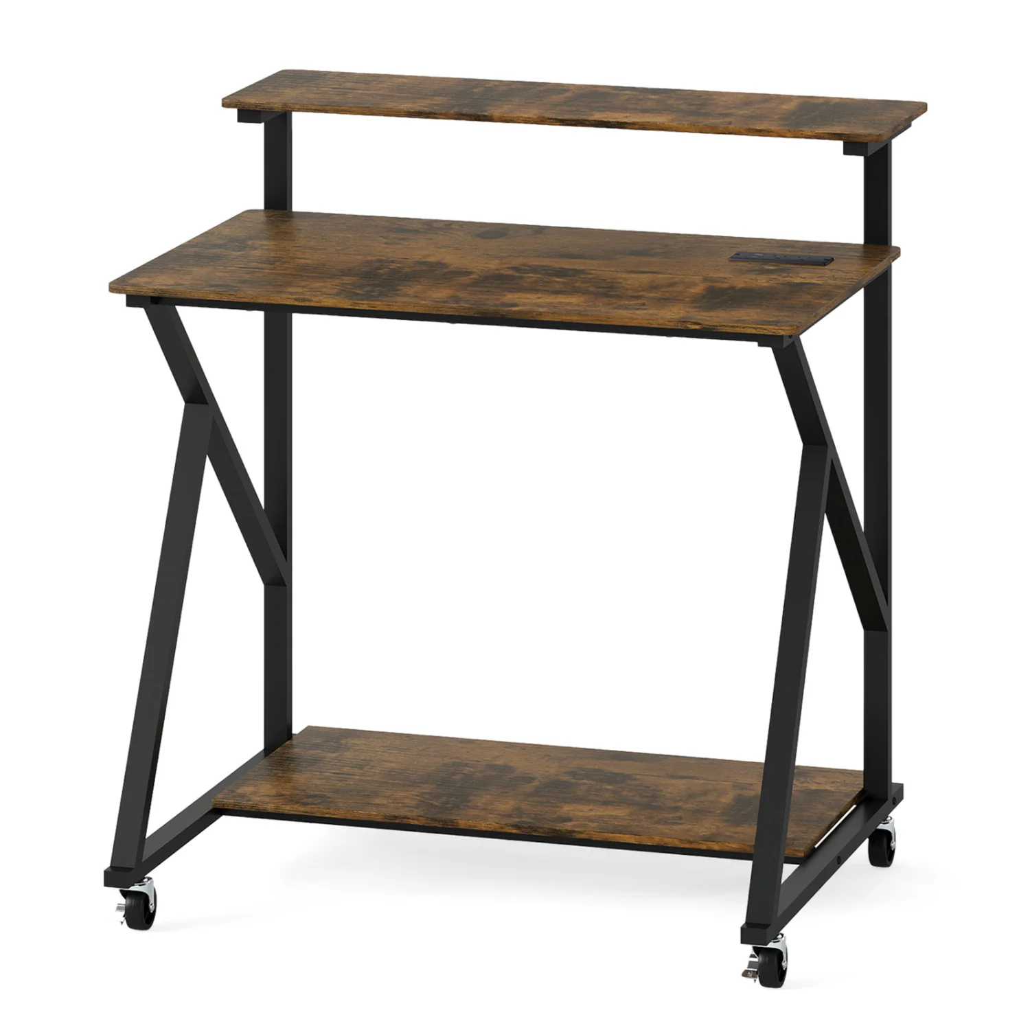 32 Inch Rolling Computer Desk, With Power Outlets, Rustic Brown